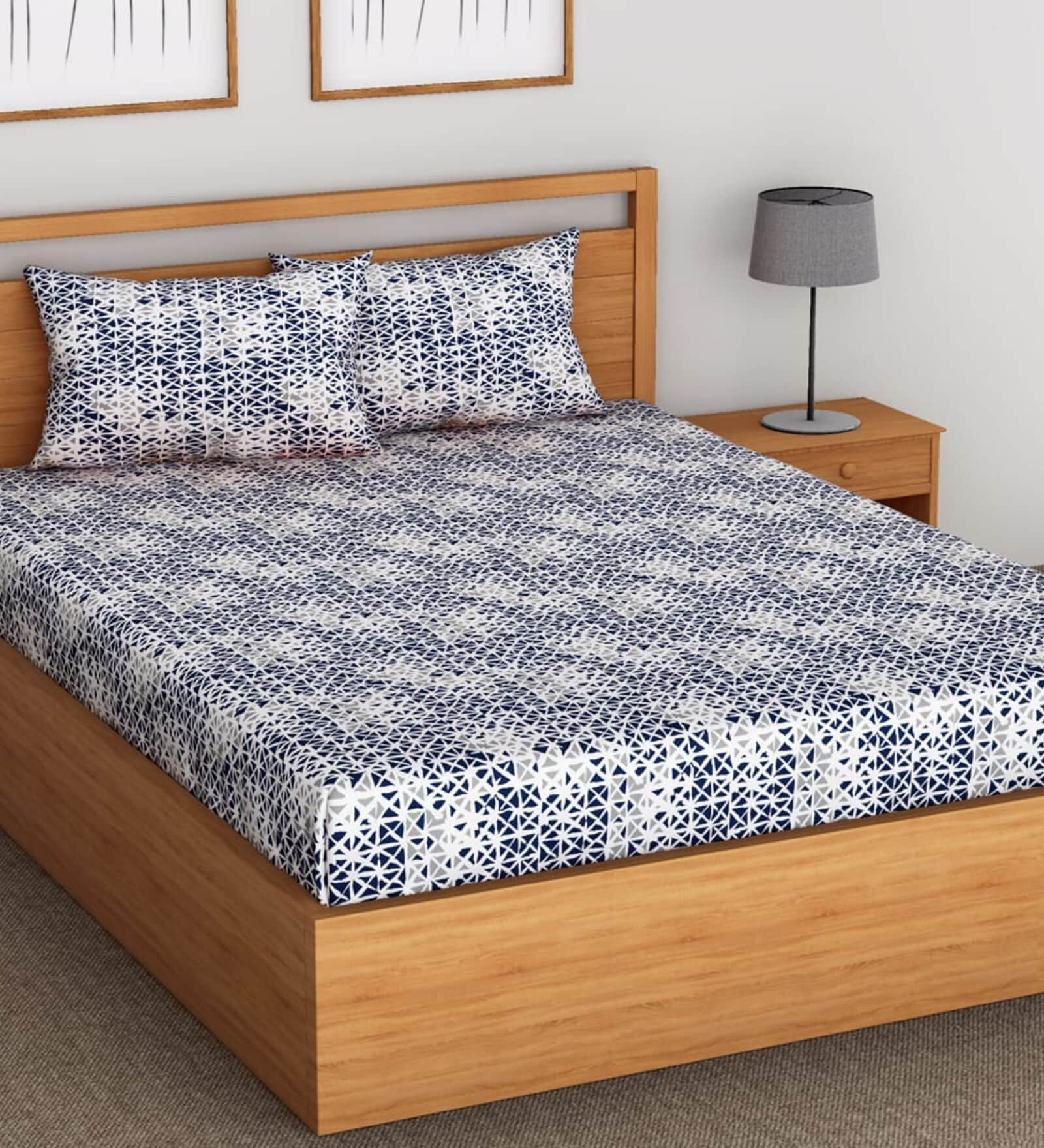 Buy Navy Blue Geometric 144 TC 100 Cotton Fitted Bedsheet 2 Pillow