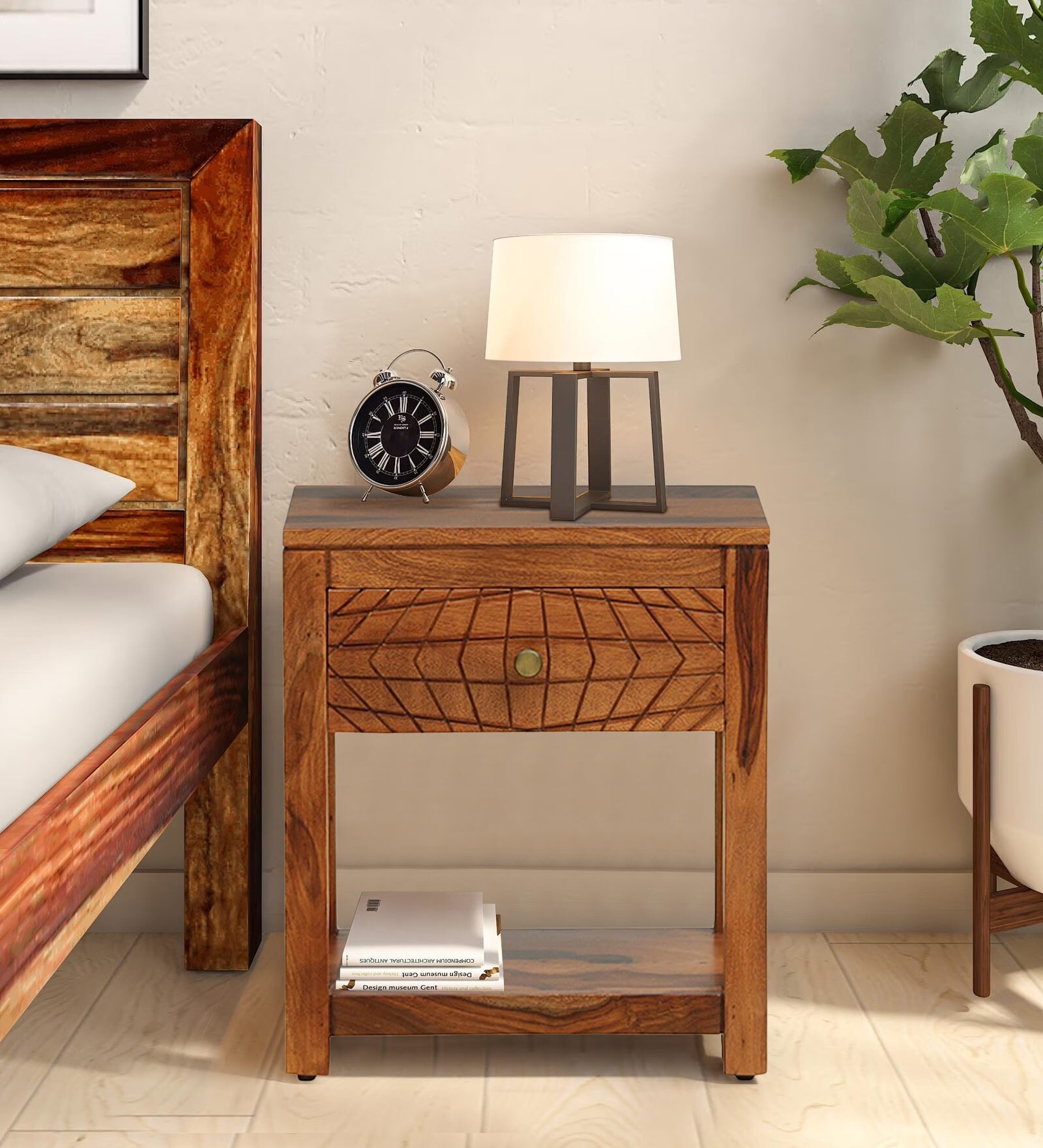 Buy Nuevo Sheesham Wood Bedside Table In Scratch Resistant Honey Oak