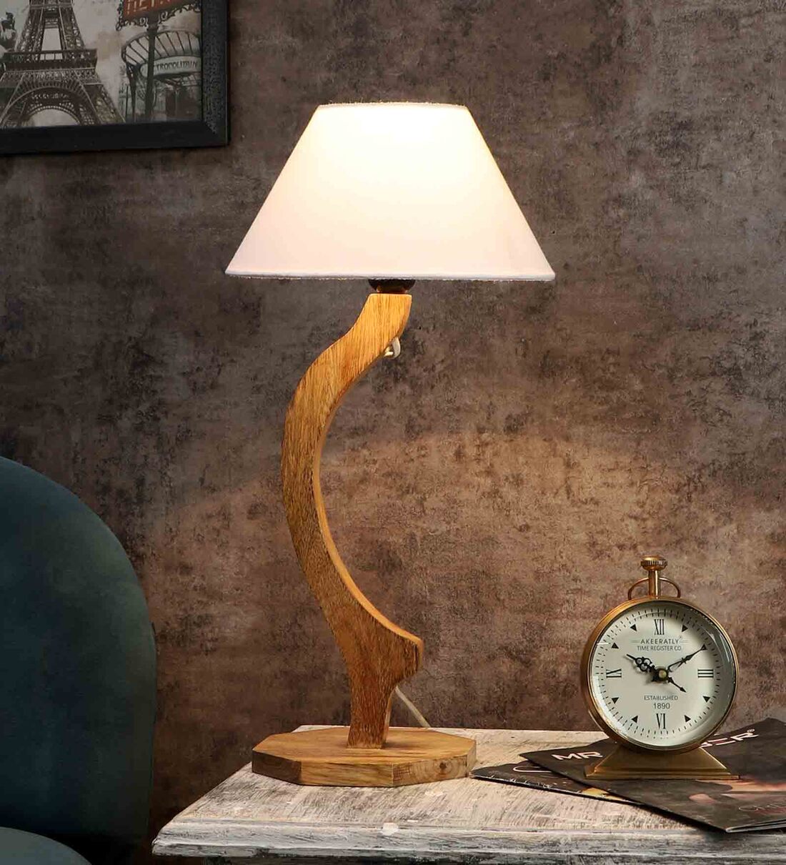 Buy Siena Off White Cotton Shade Night Lamp With Wood Base By The