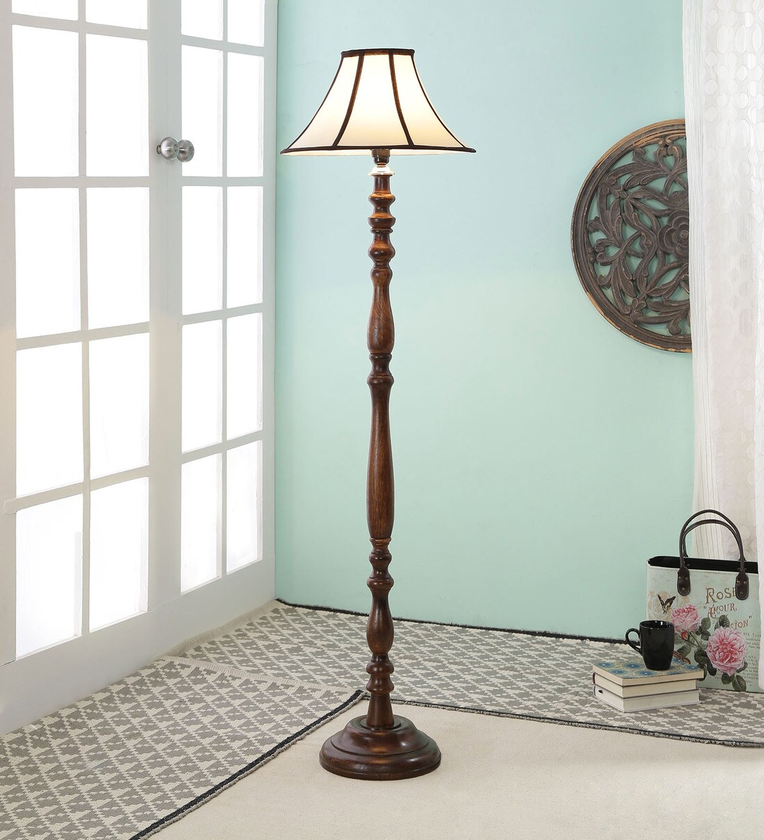 Buy Atlier White Fabric Shade Club Floor Lamp With Wood Base By Woody