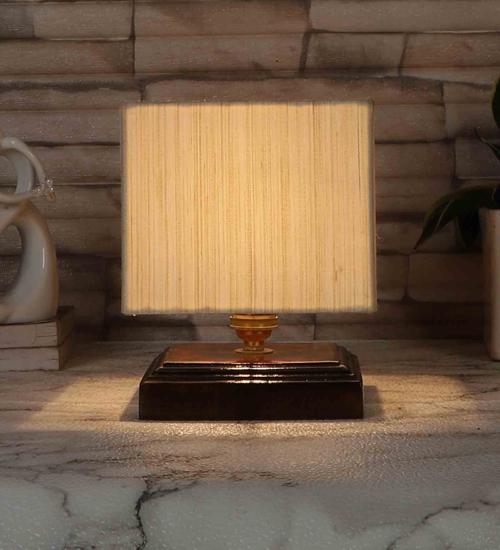 Buy Milan Off White Cottan Fabric Shade Night Lamp With Wood Base By