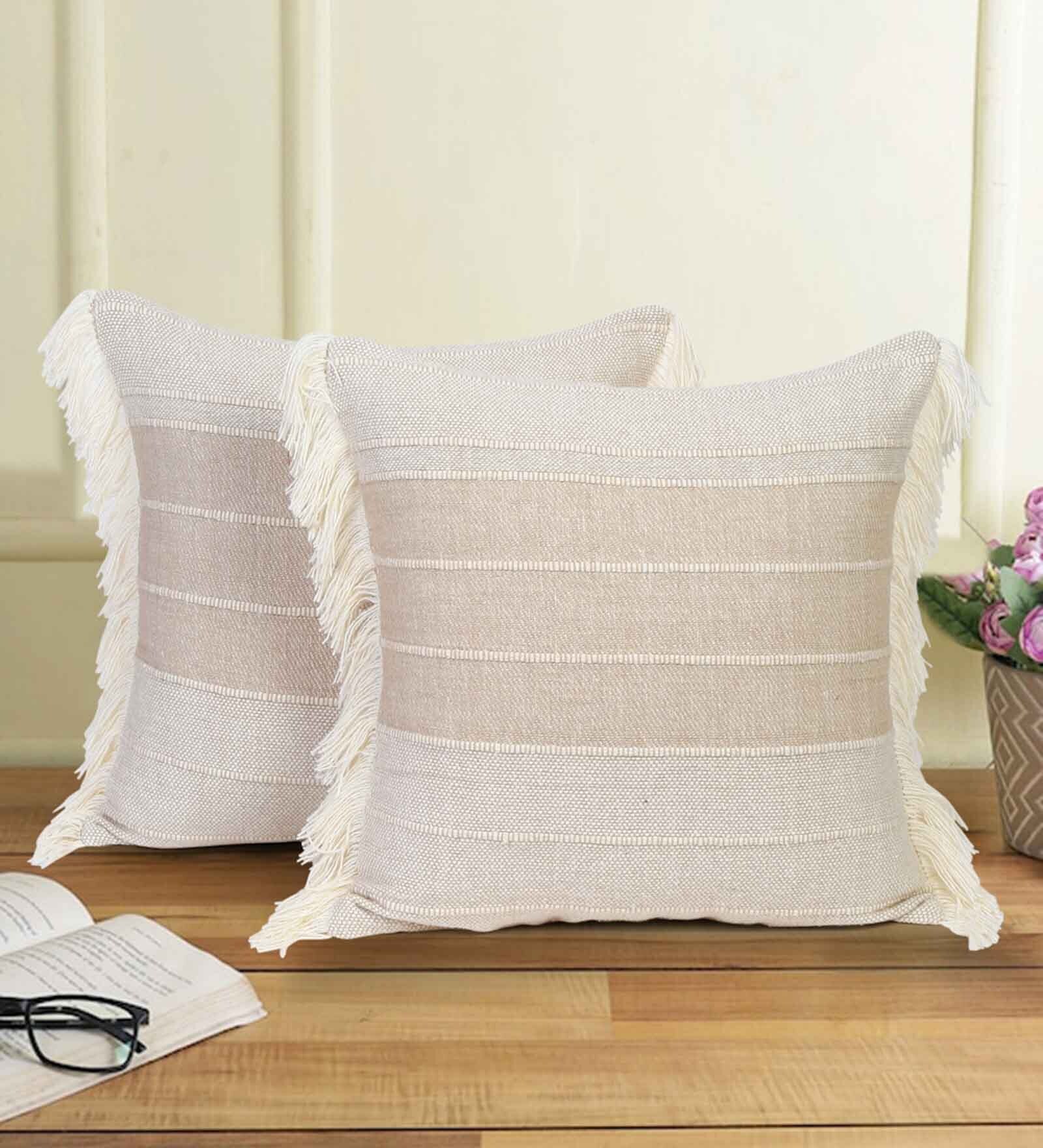 Buy Off White Cotton Striped X Inches Cushion Covers Pack Of By