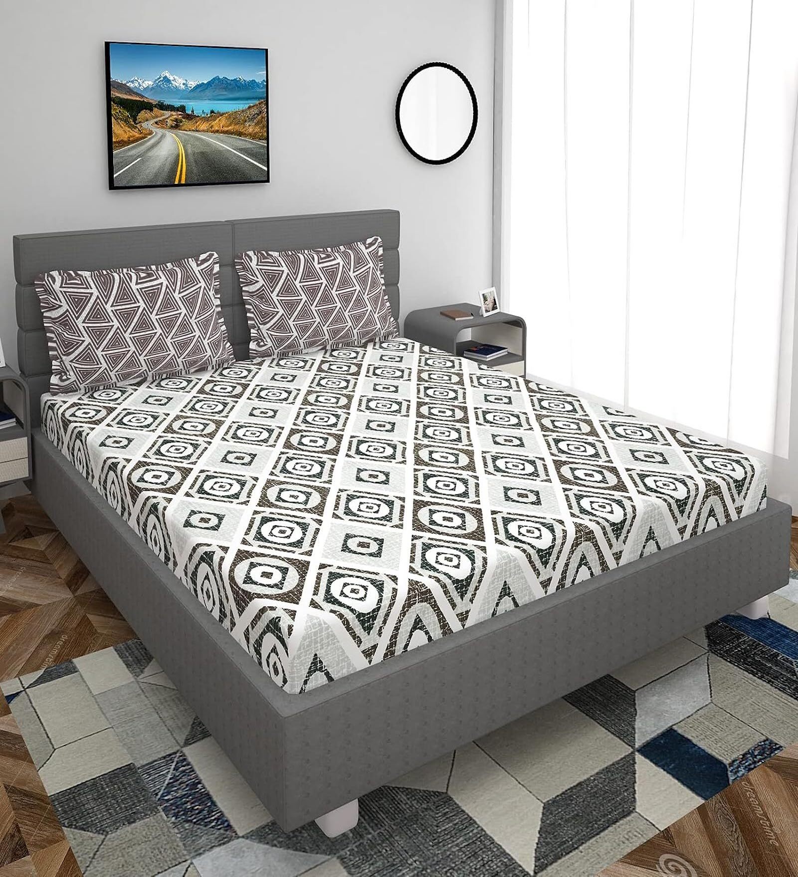 Buy Off White Geometric 300 TC Cotton Blend Fitted Queen Bedsheet With