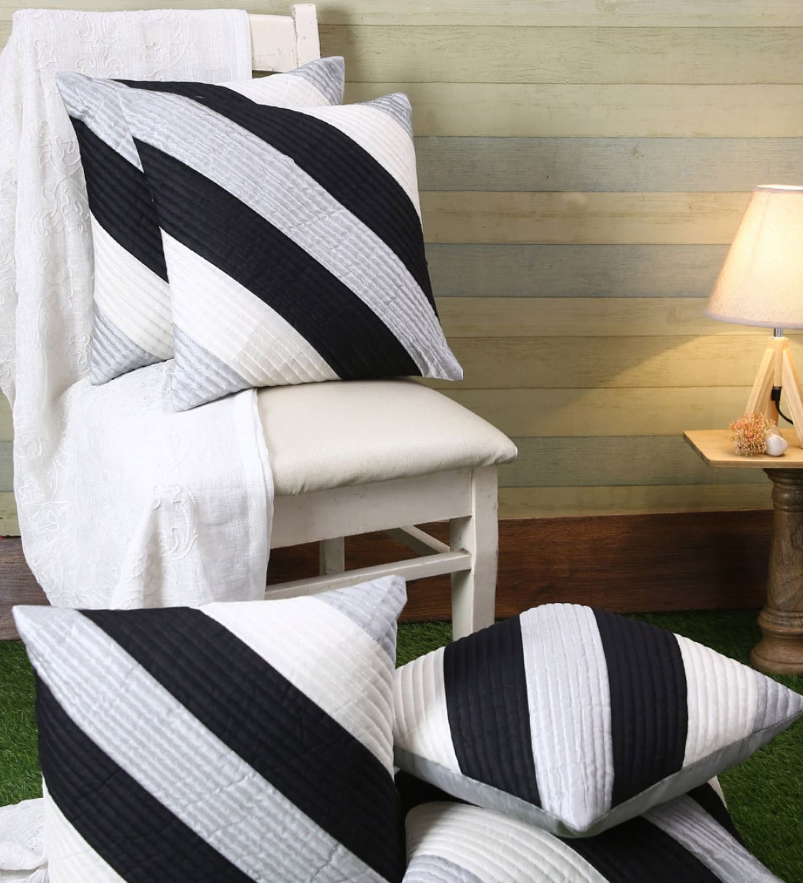 Buy White Polyester Striped X Inches Cushion Cover Pc At Off