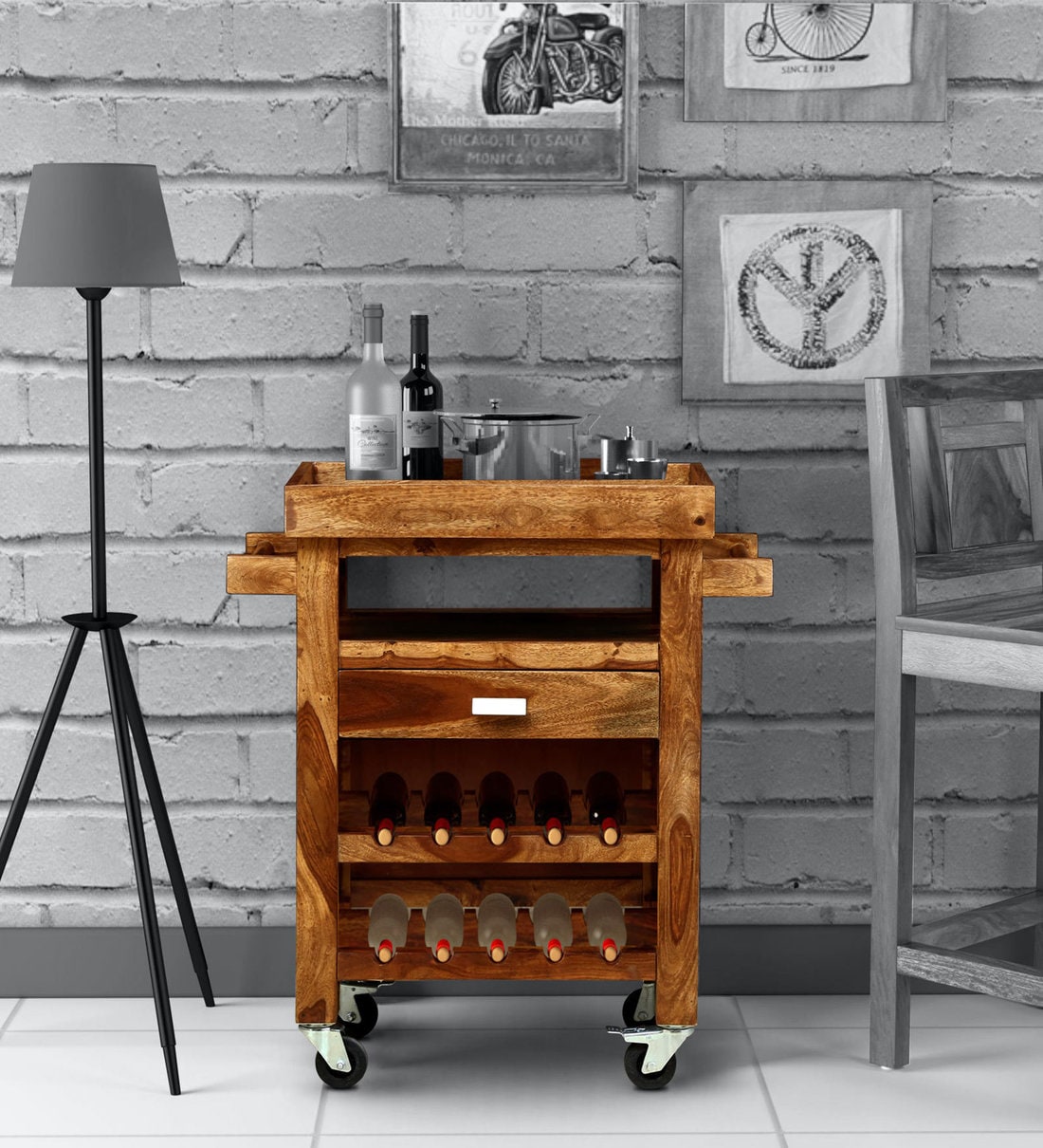 Buy Oriel Solid Wood Bar Trolley In Rustic Teak Finish By Woodsworth