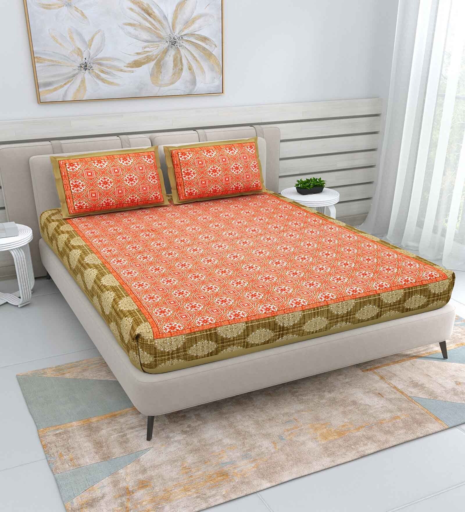 Buy Orange Traditional Tc Cotton Double Queen Bedsheet With