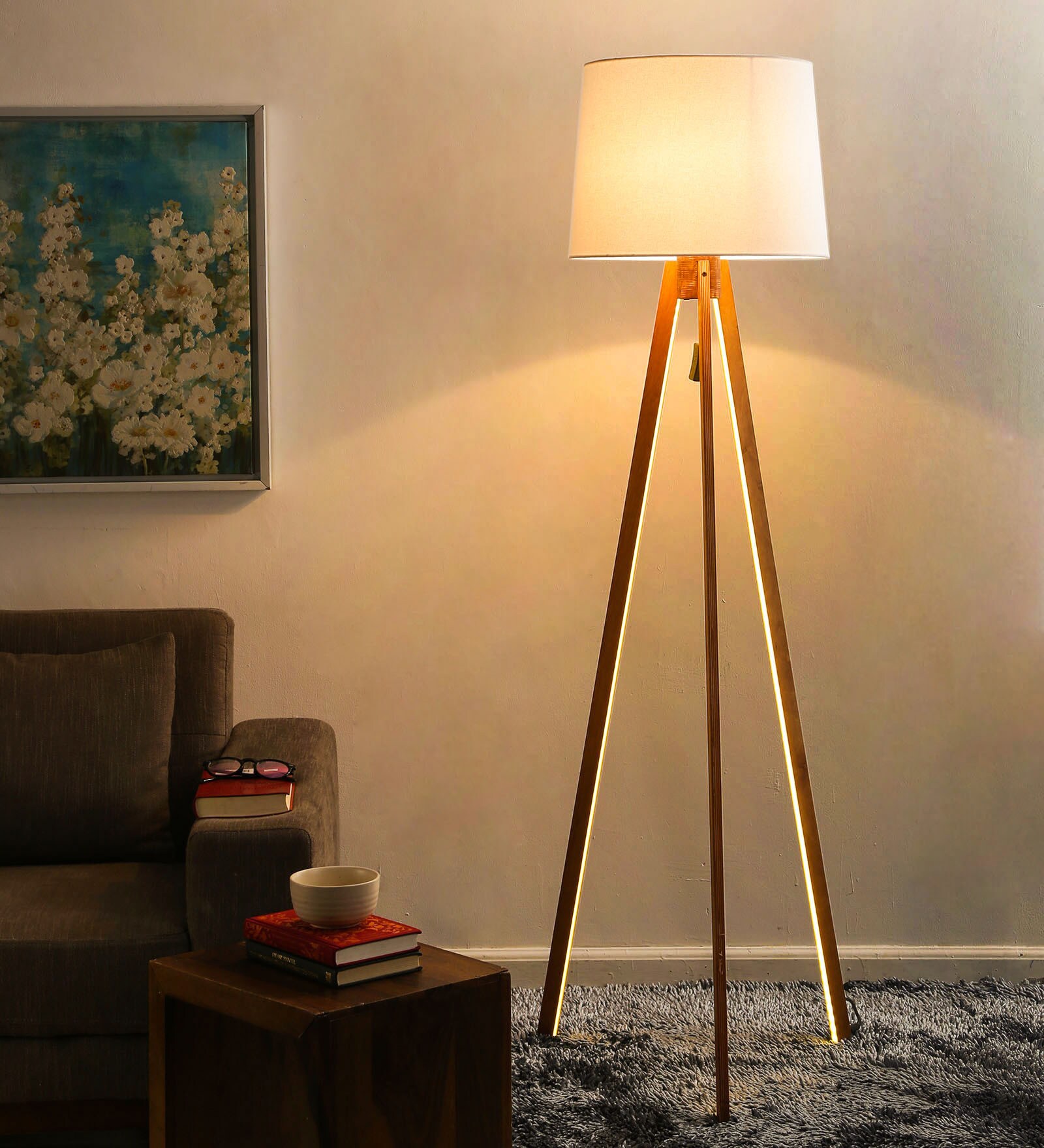 Buy Paraiso White Fabric Shade Tripod Floor Lamp With Beige Base