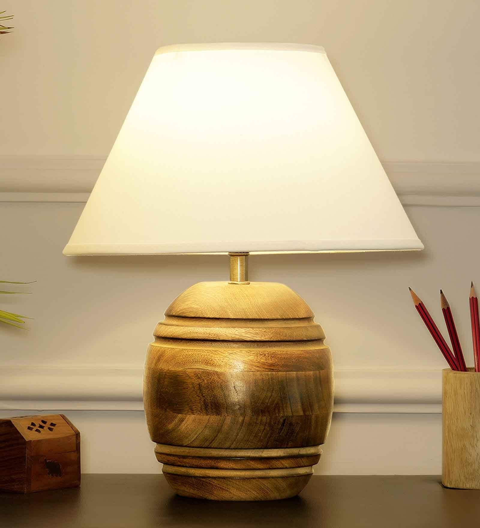 Buy Verde White Cotton Shade Night Lamp With Wood Base By Kapoor