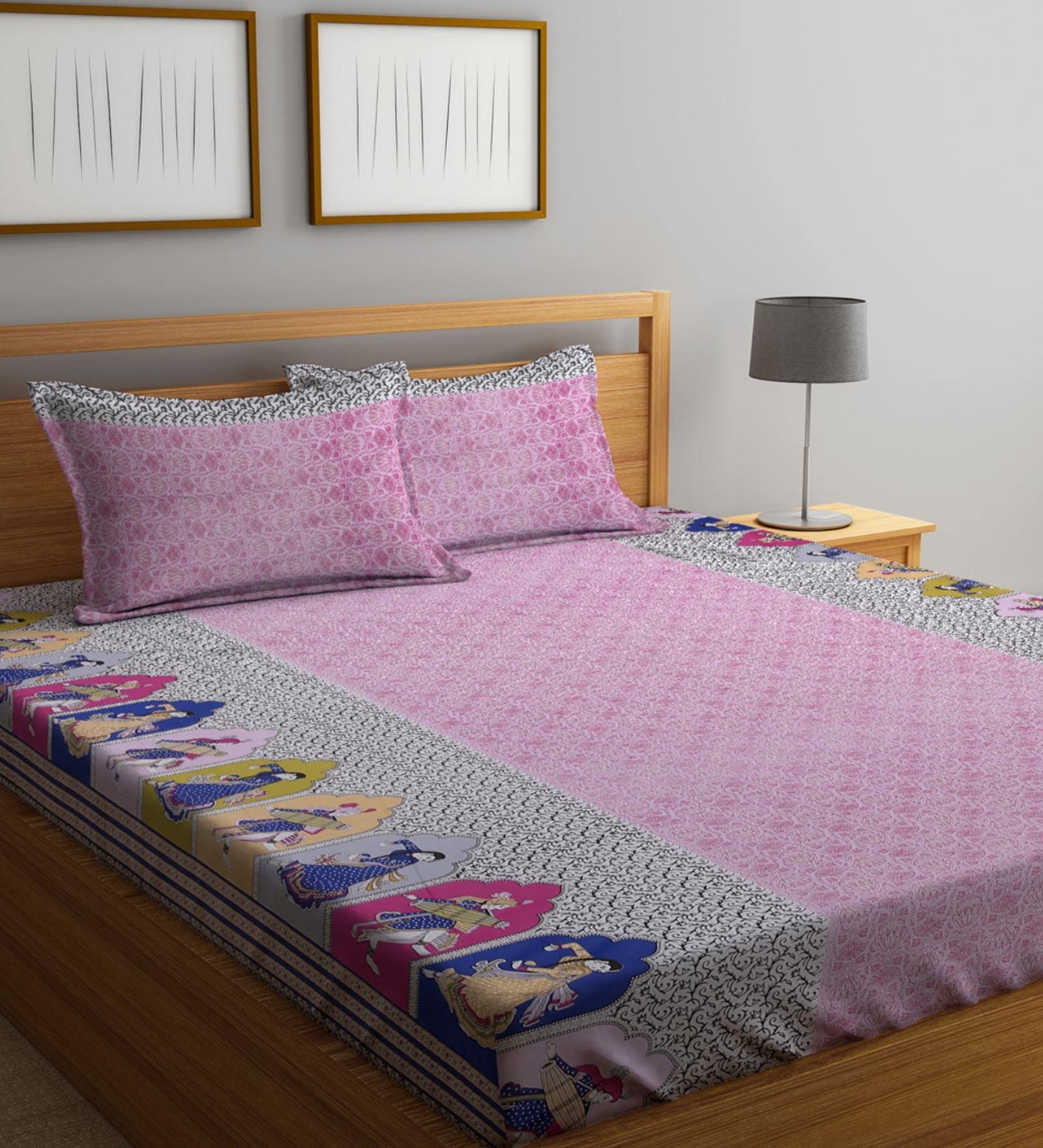 Buy Pink Traditional 300 TC Cotton King Sized Bed Sheets With 2 Pillow