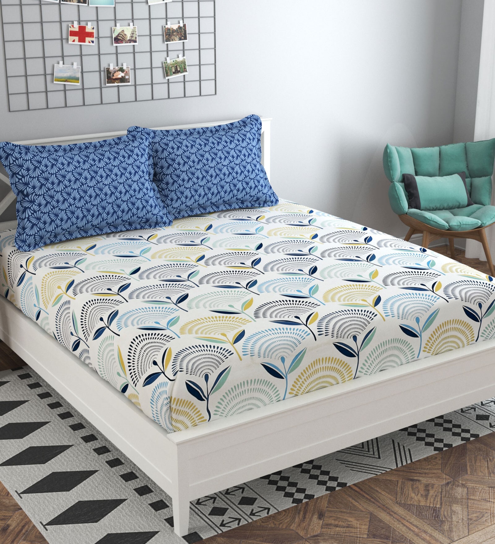 Buy Blue Abstract Tc Cotton Blend King Sized Bed Sheets With