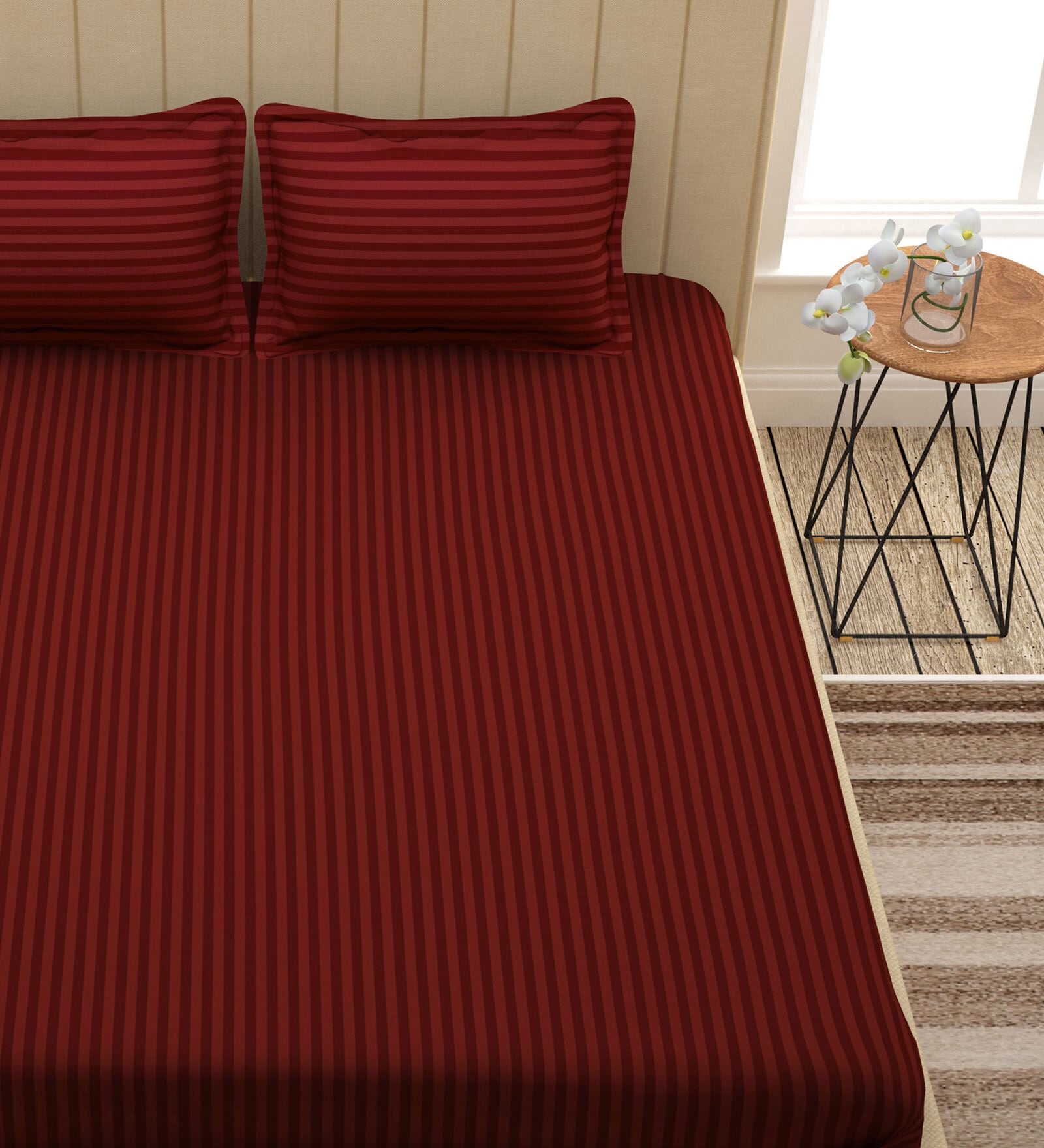 Buy Red Striped Tc Cotton King Sized Bed Sheets With Pillow