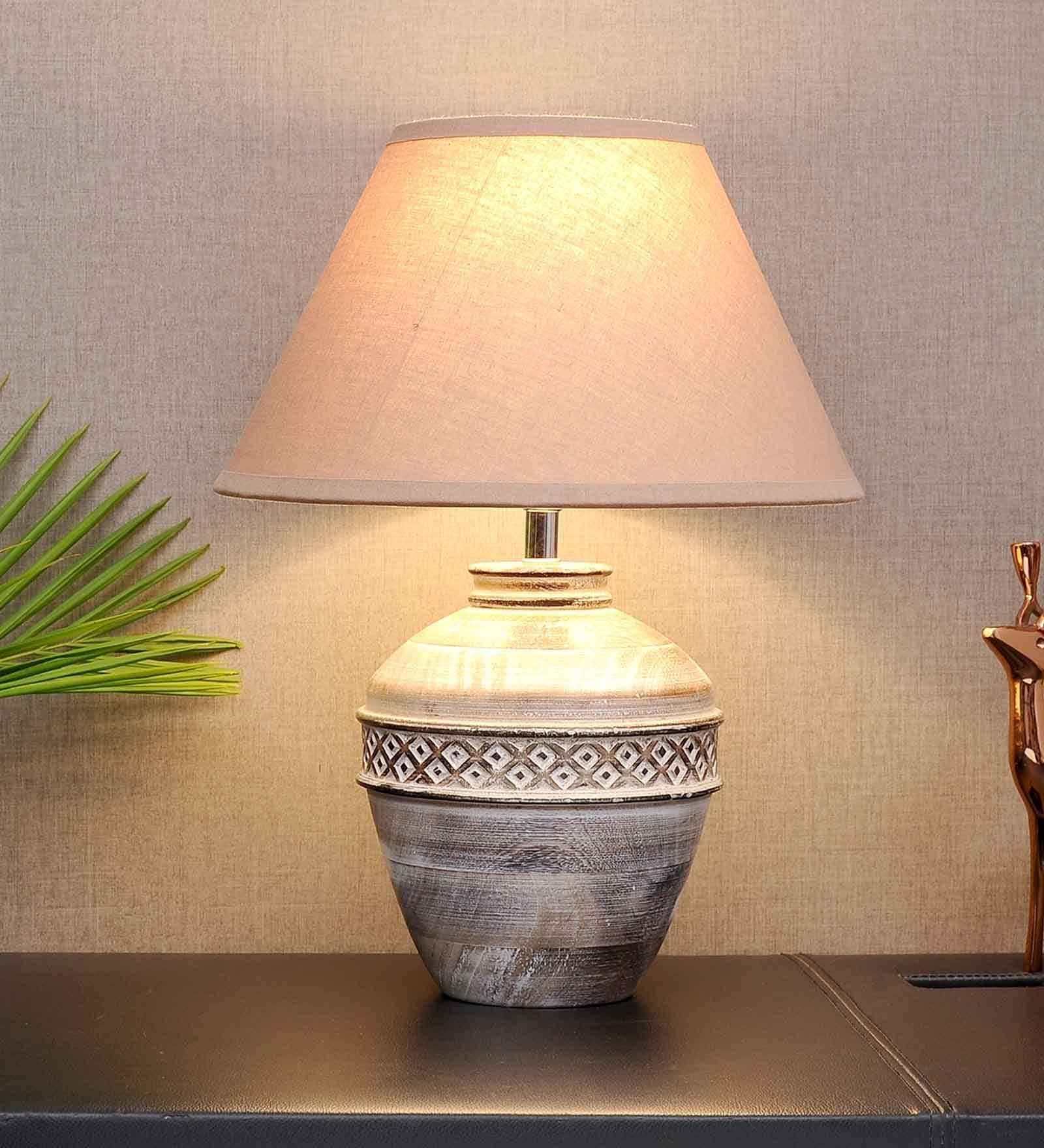 Buy Rosabelle Beige Cotton Shade Table Lamp With Distress White Base By