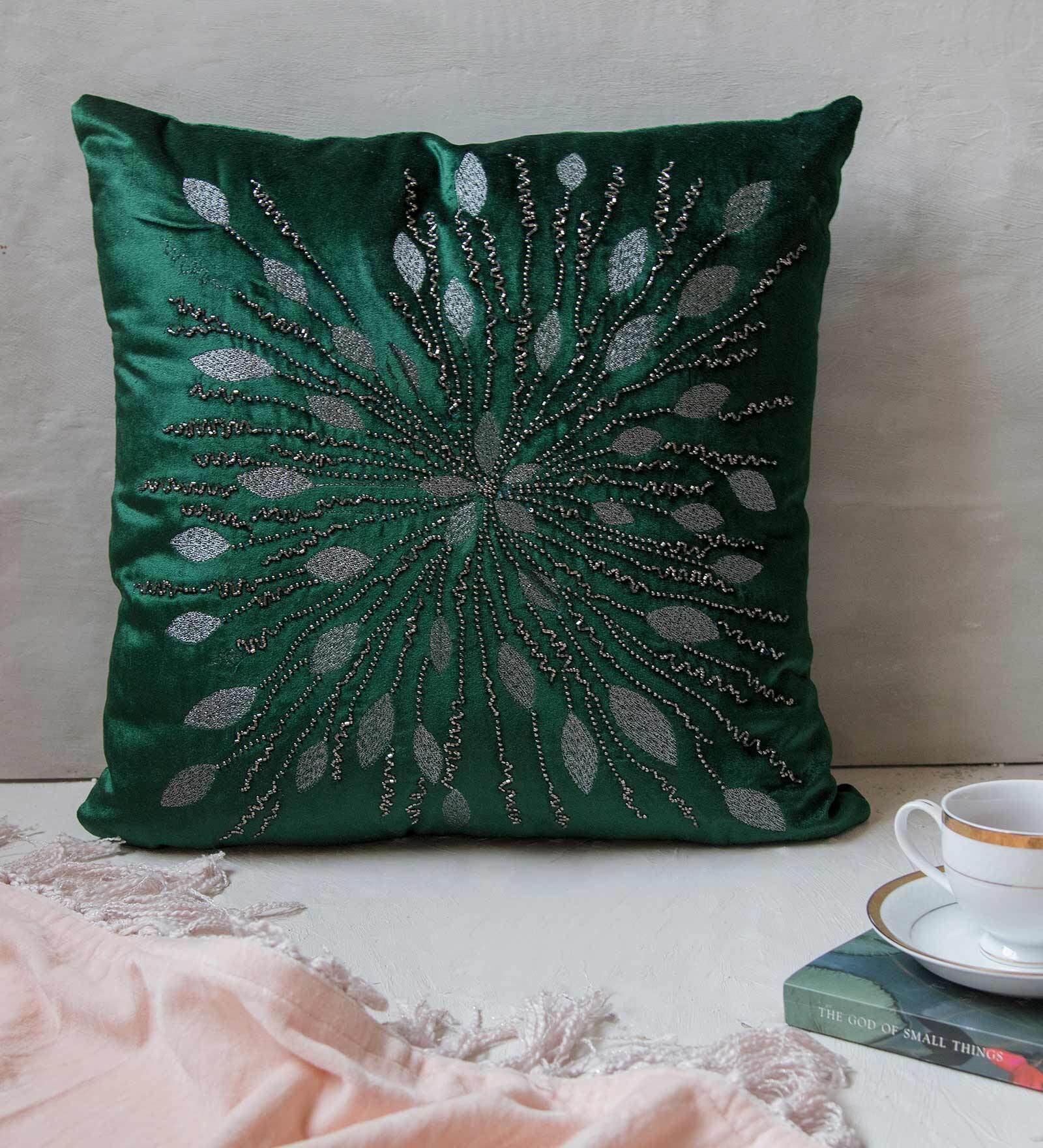 Buy Royal Green Viscose Embroidered X Inches Cushion Cover With