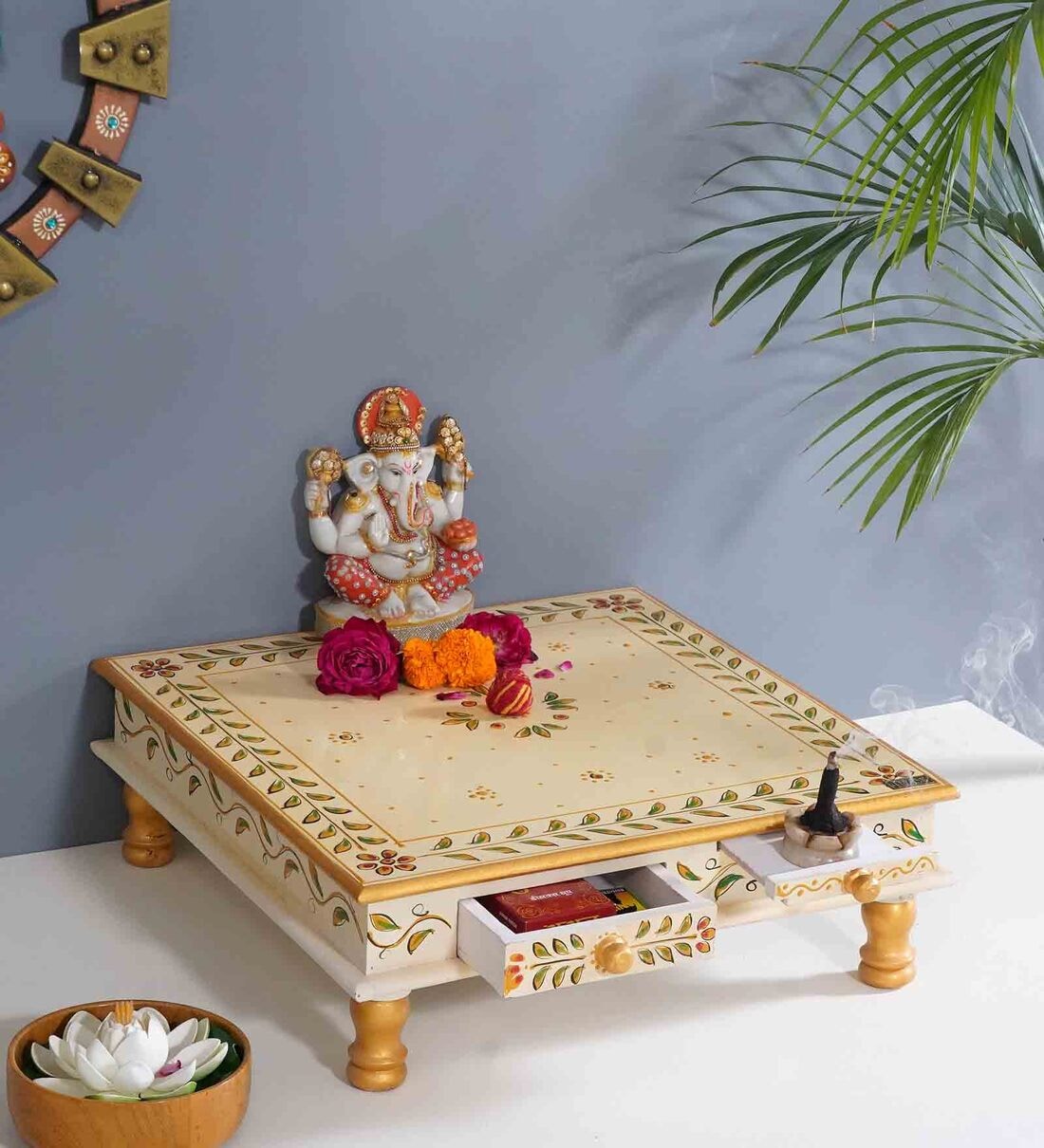 Buy White Big Mdf Sheesham Wooden Pooja Chowki With Drawer By D Dass