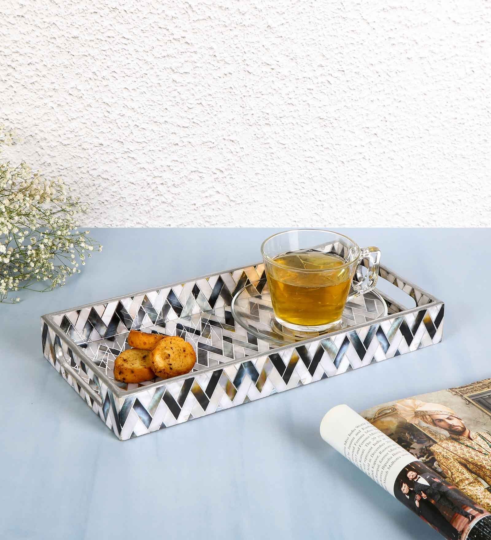 Buy White Gold Black Mdf Wood Zigzag Rectangle Serving Tray At