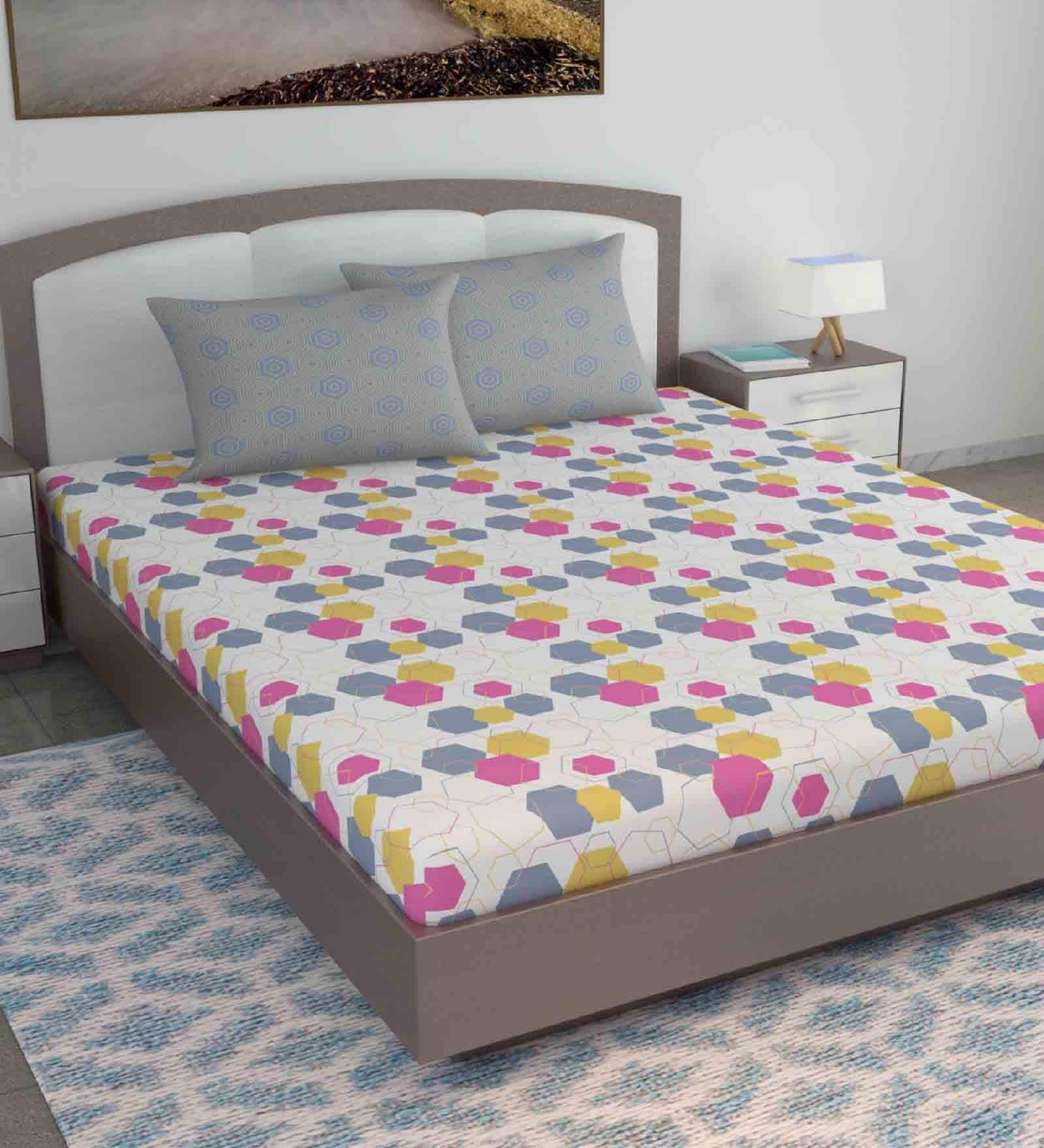 Buy Multicolor Geometric 144 TC Cotton King Sized Bed Sheets With 2