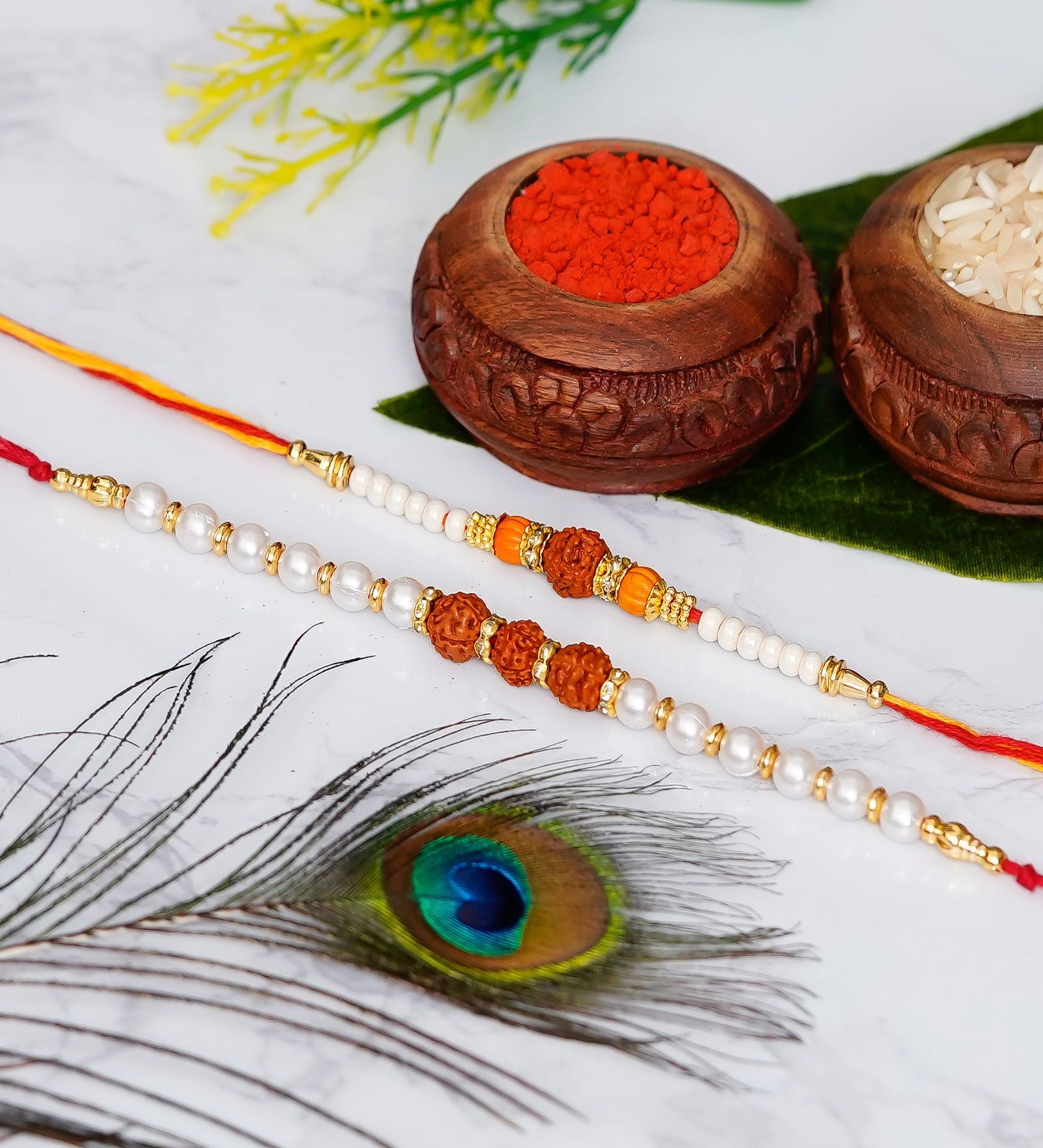 Buy White Red Orange Set Of Pearl Rudraksha Designer Rakhis With