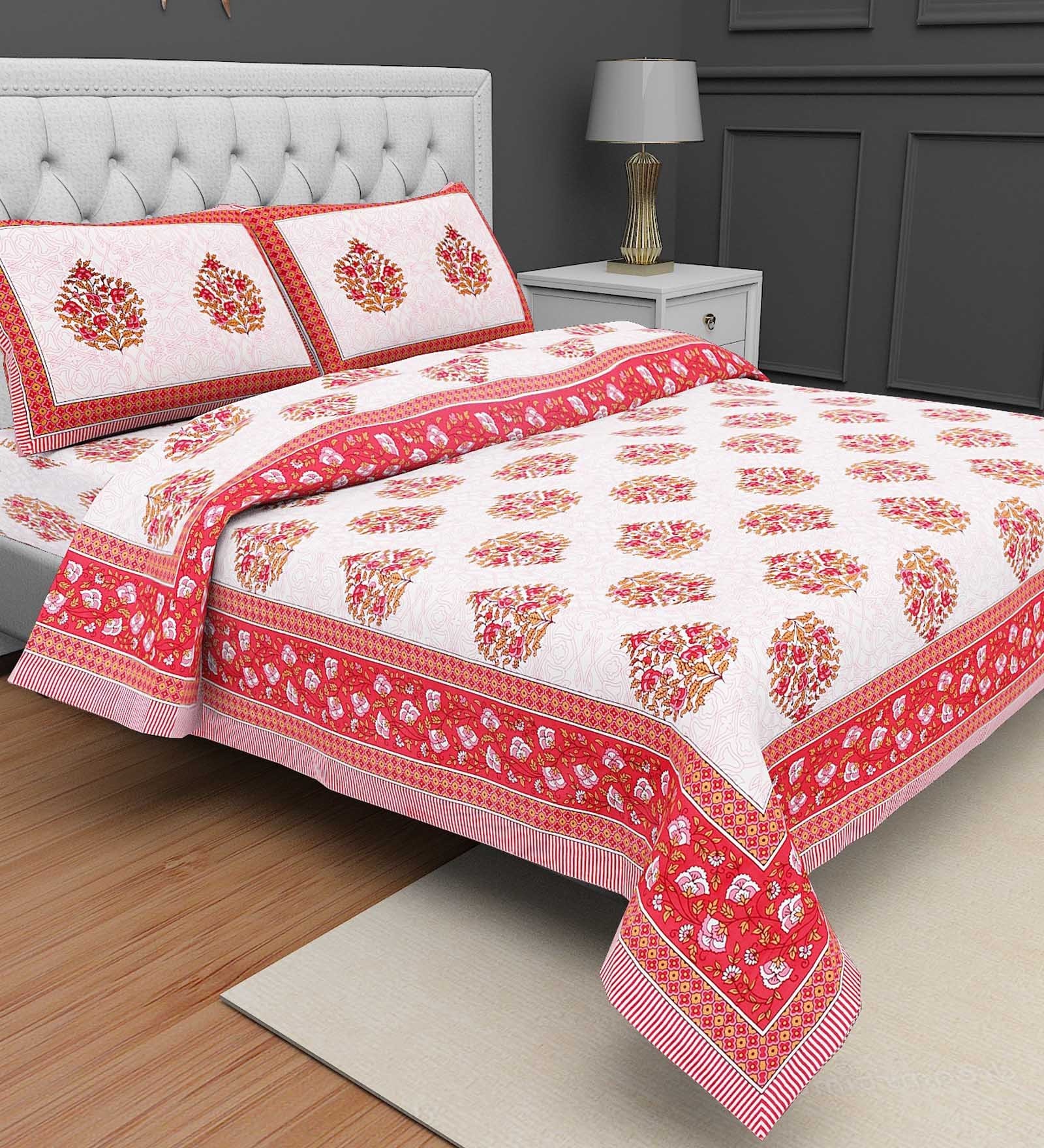 Buy Red Floral Tc Cotton Double Bedsheet With Pillow Covers By