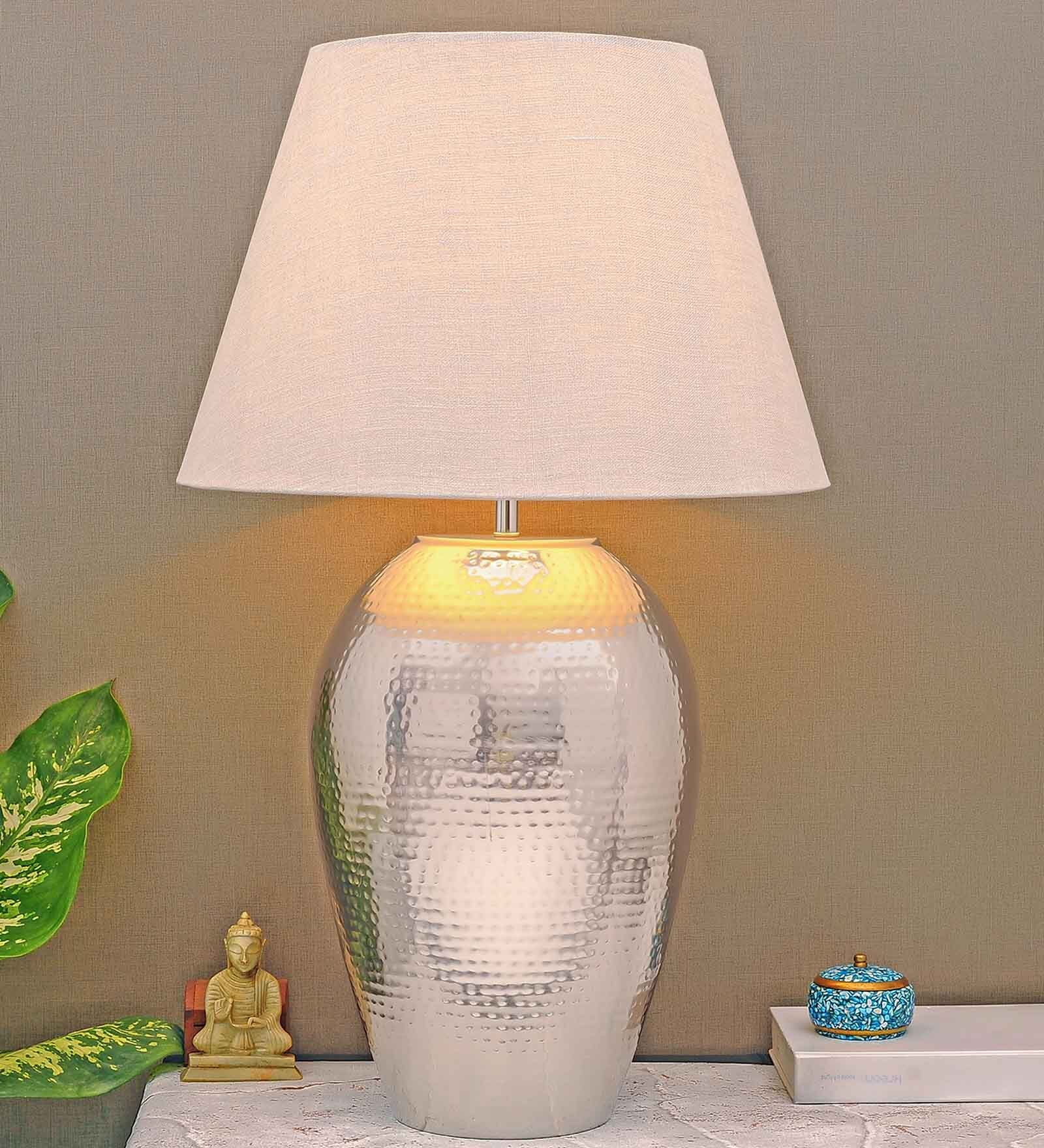 Buy Erika White Cotton Shade Night Lamp With Mild Steal Base By Kapoor