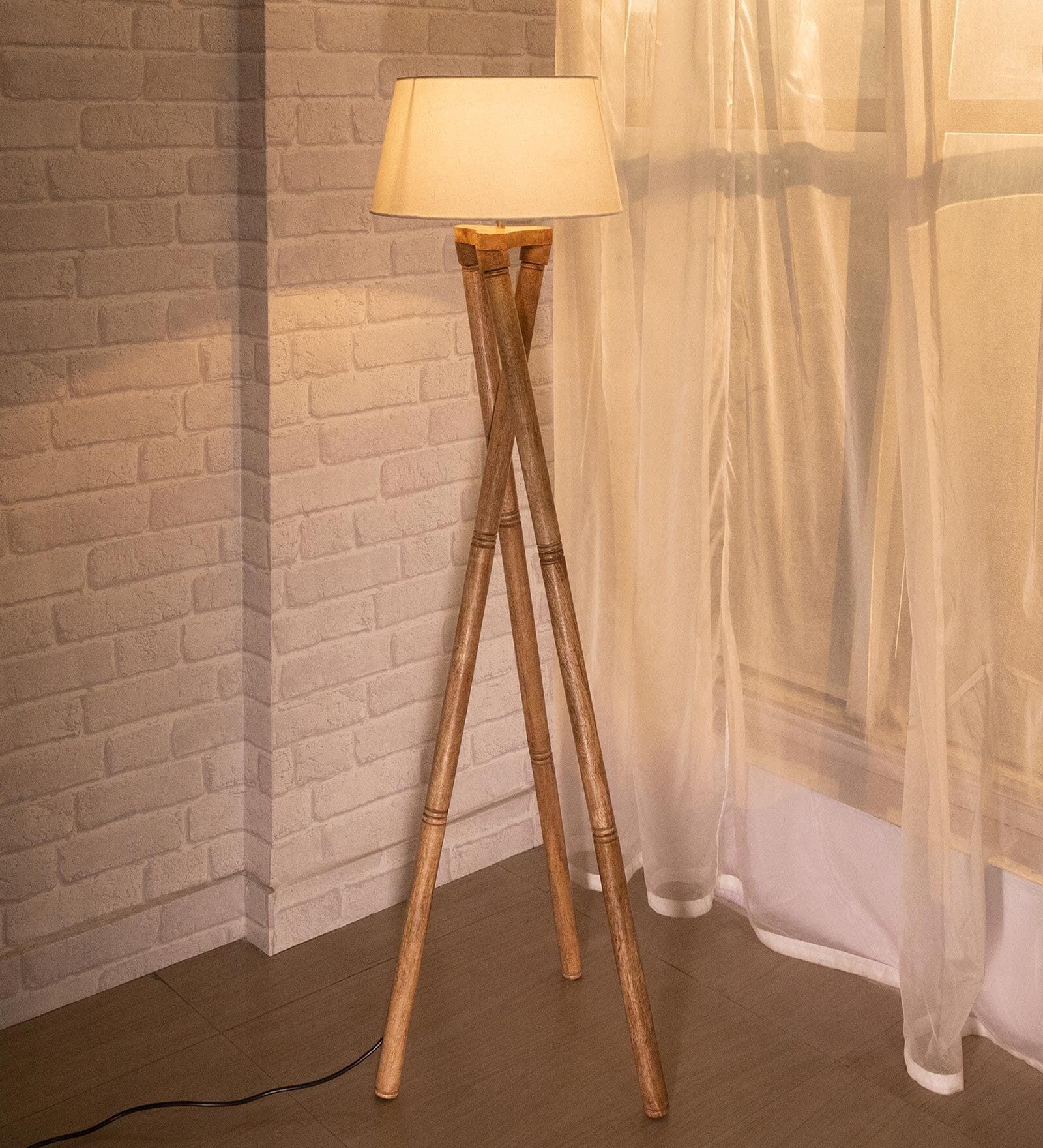 Buy White Cotton Shade Tripod Floor Lamp With Wood Base At 60 OFF By