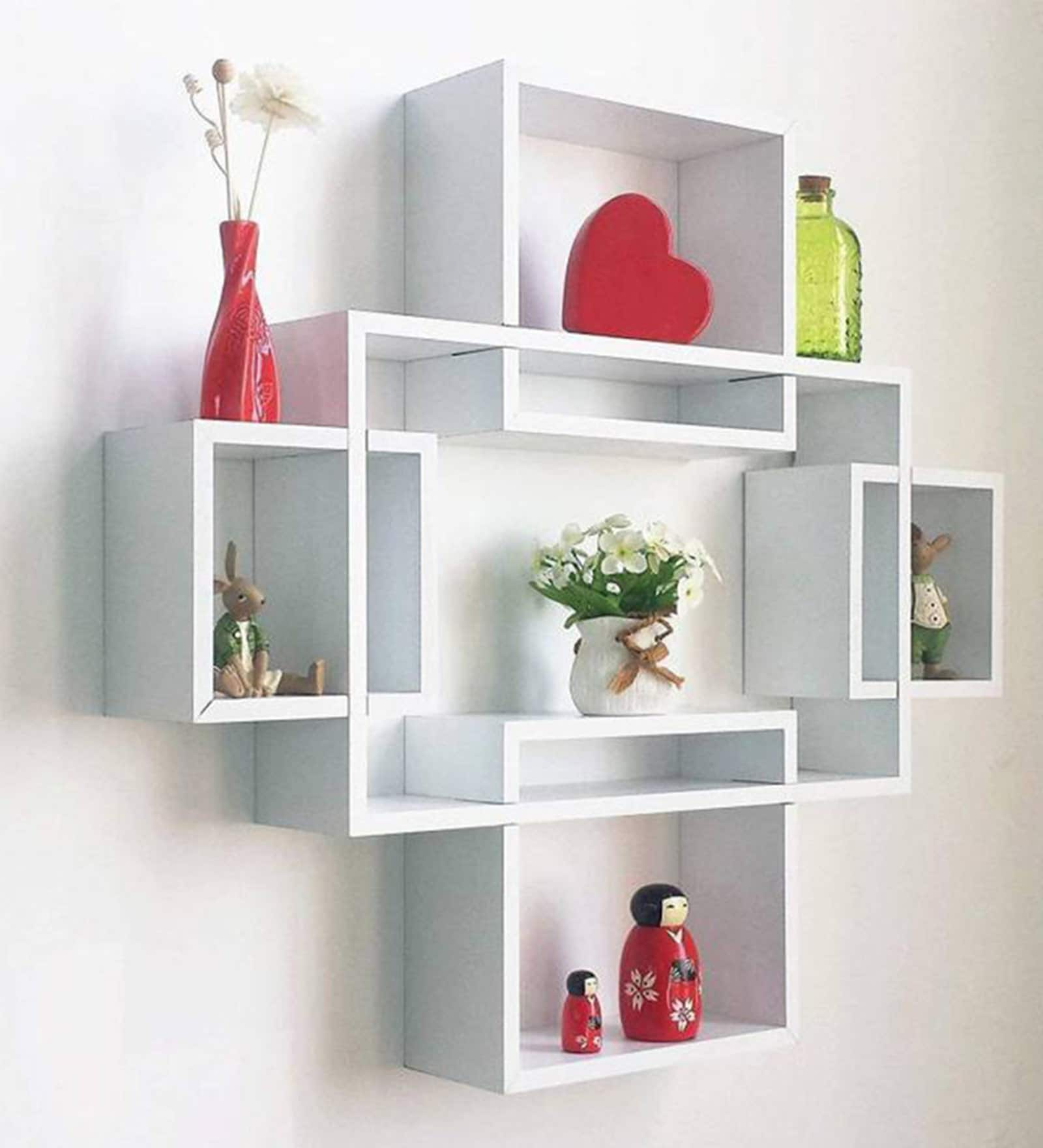 Buy Engineered Wood Intersecting Wall Shelf In White Colour At Off