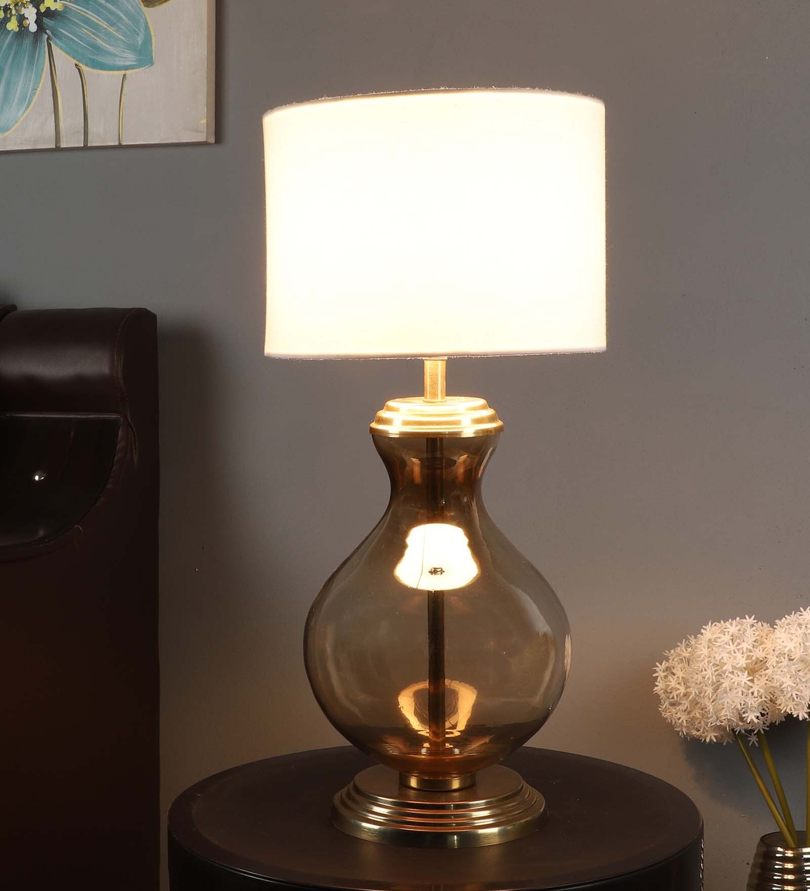 Buy Hexa White Metal And Fabric Shade Night Lamp With Glass Base At