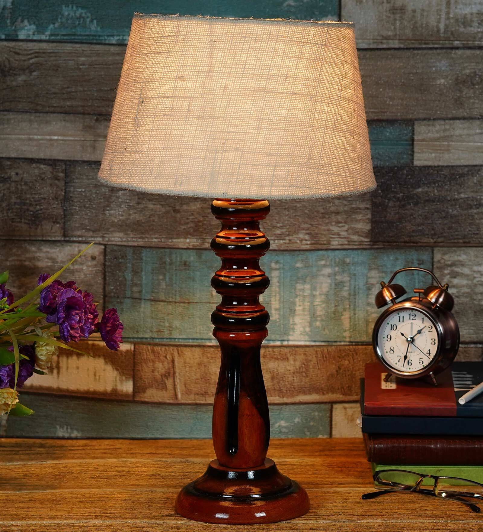 Buy Harmony White Natural Fiber Shade Night Lamp With Wood Base By