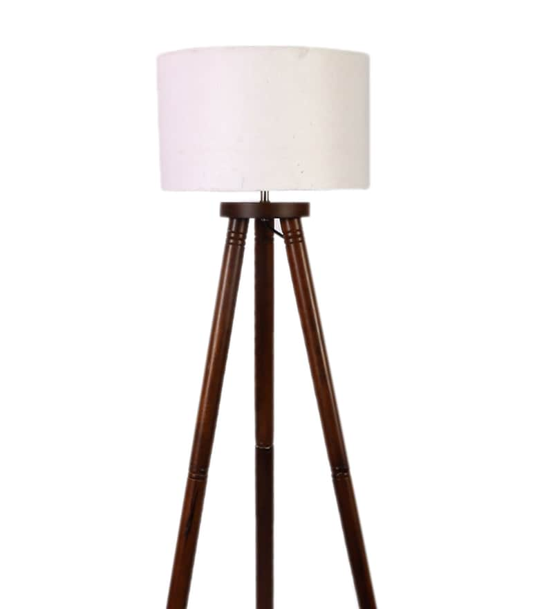 Buy White Cotton Shade Tripod Floor Lamp With Walnut Base By Pristine