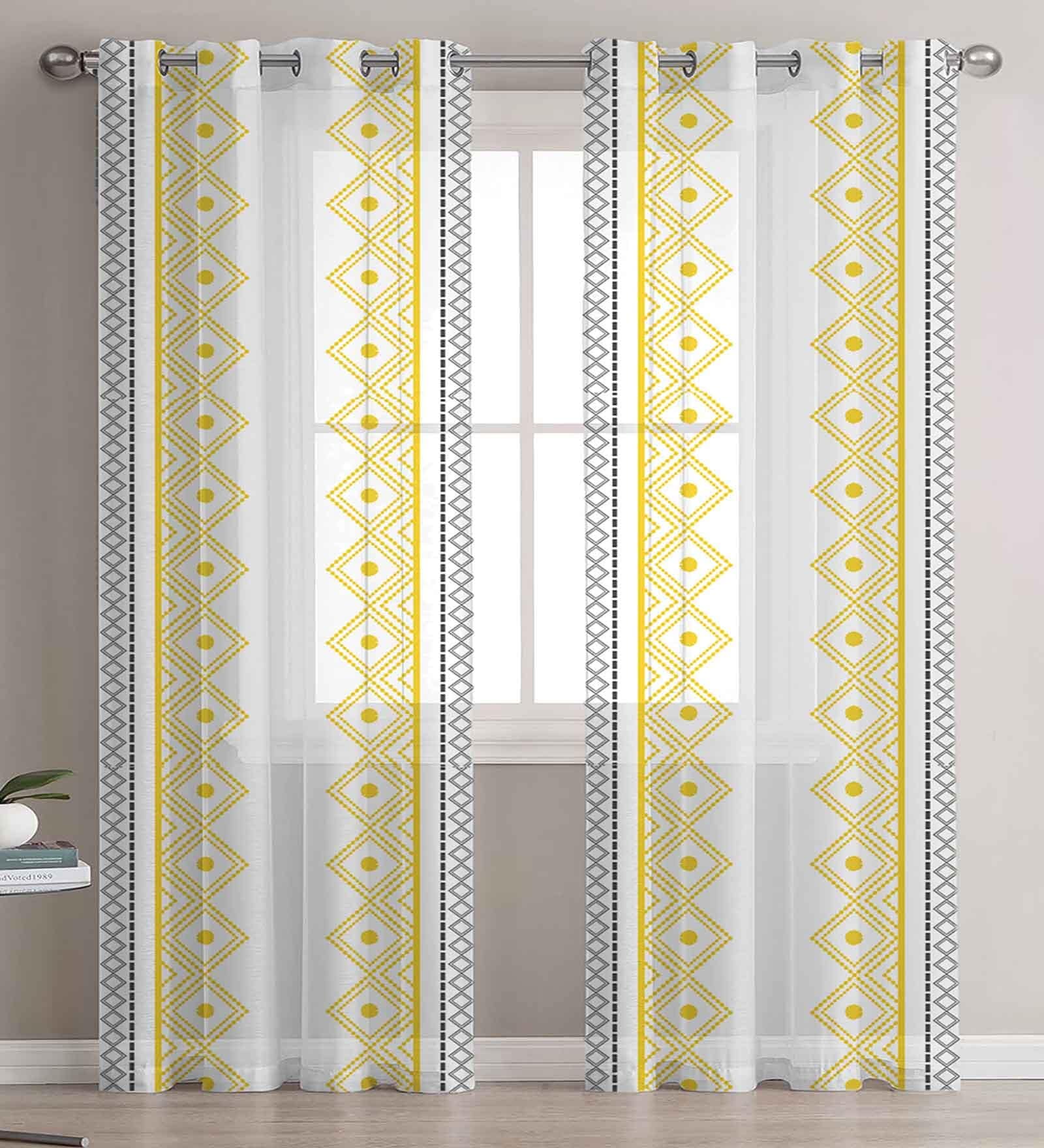 Buy Yellow Linen Geometric 8ft Sheer Eyelet Set Of 2 Door Curtains At