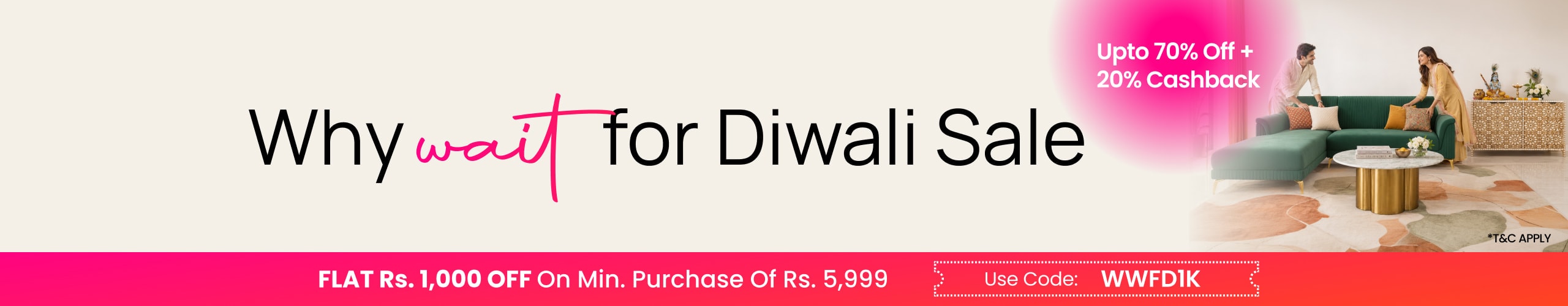 Pepperfry: Diwali Sale – Upto 70% Off + 20% Cashback