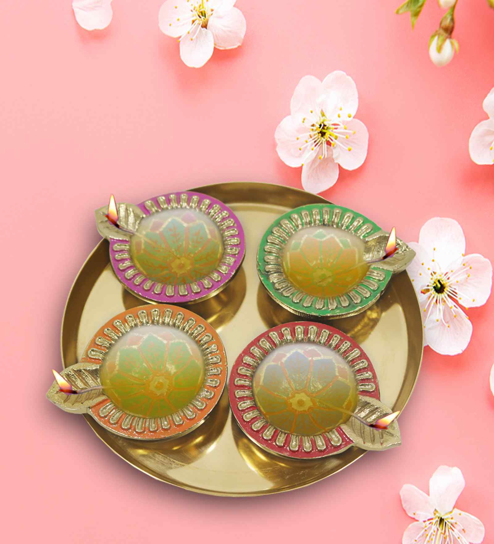 ( Pack Of 5 )Aluminium 4 Diya With 1 Plate