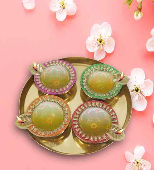 ( Pack Of 5 )Aluminium 4 Diya With 1 Plate