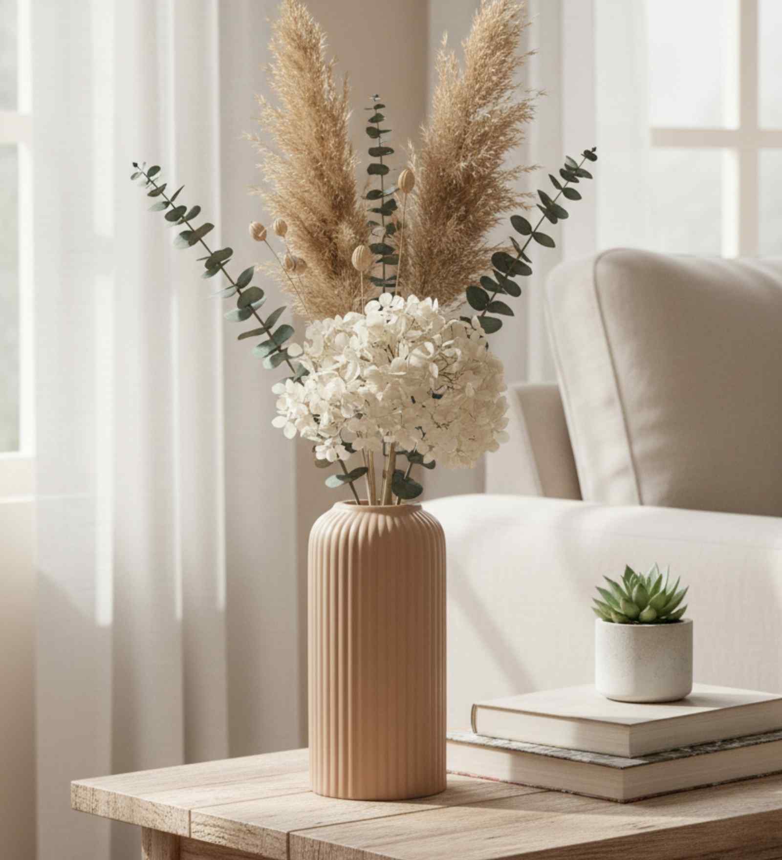 (1Pc) Beige Ceramic  Ribbed Design Matt Finished 6 Inch  Table Vase