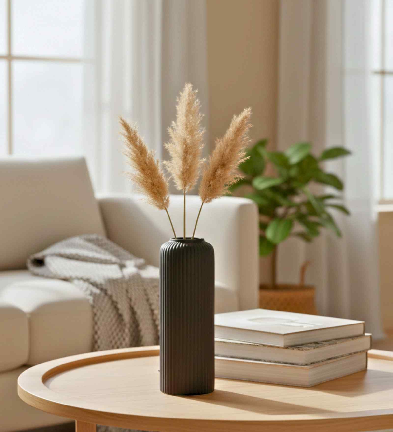 (1Pc) Black Ceramic  Ribbed Design Matt Finished 10 Inch  Table Vase