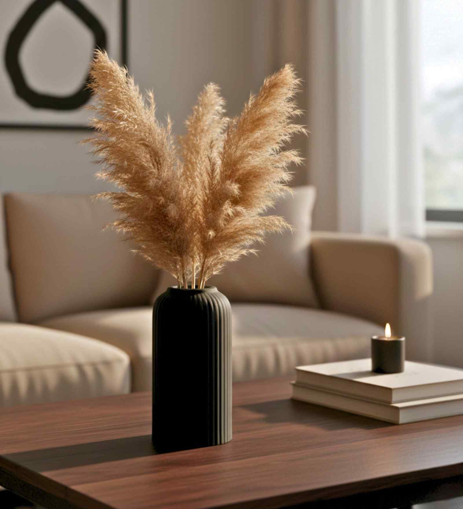 (1Pc) Black Ceramic  Ribbed Design Matt Finished 6 Inch  Table Vase