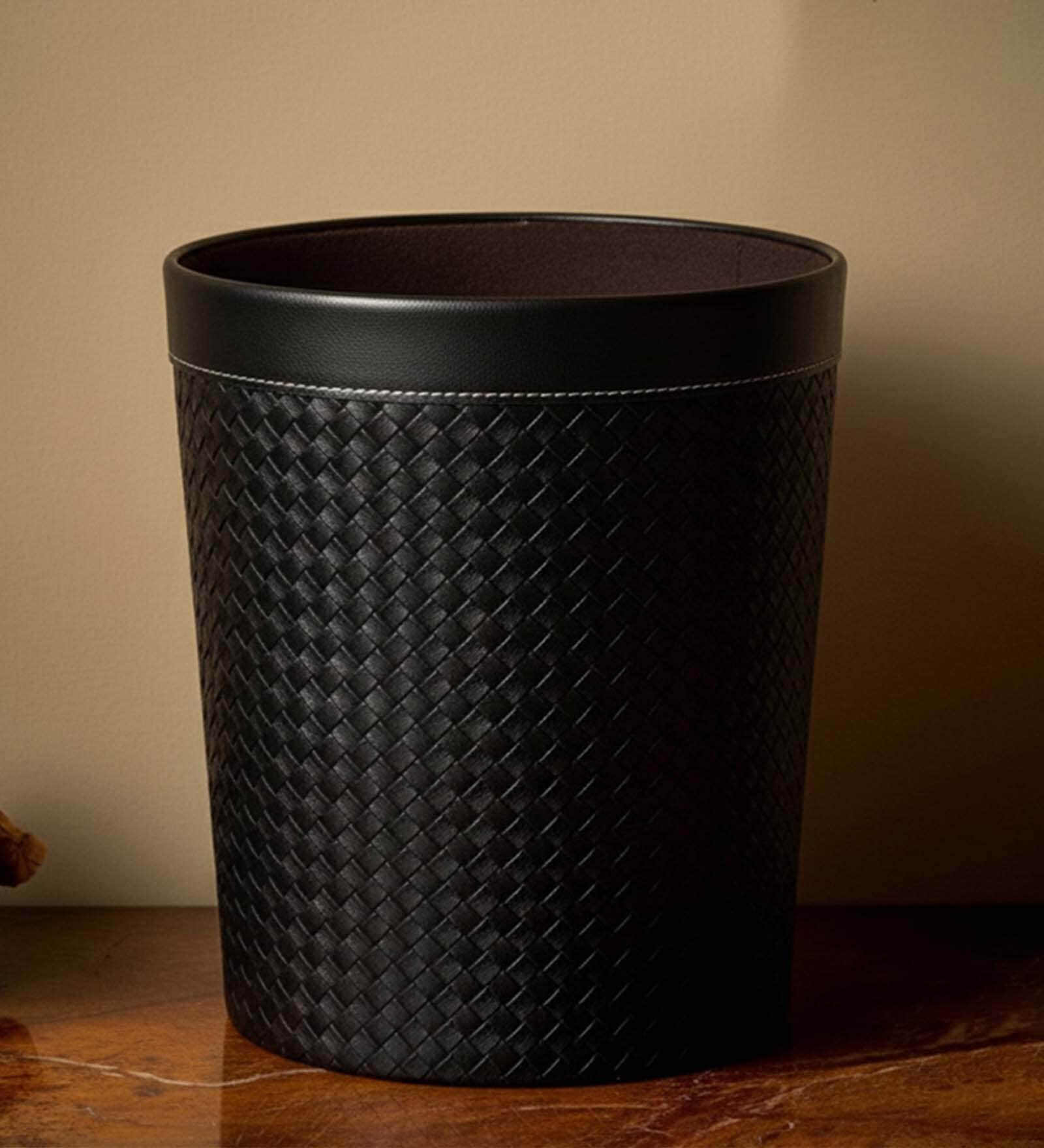 (1Pc) Black Faux Leather Open Top Office and Home Dustbin