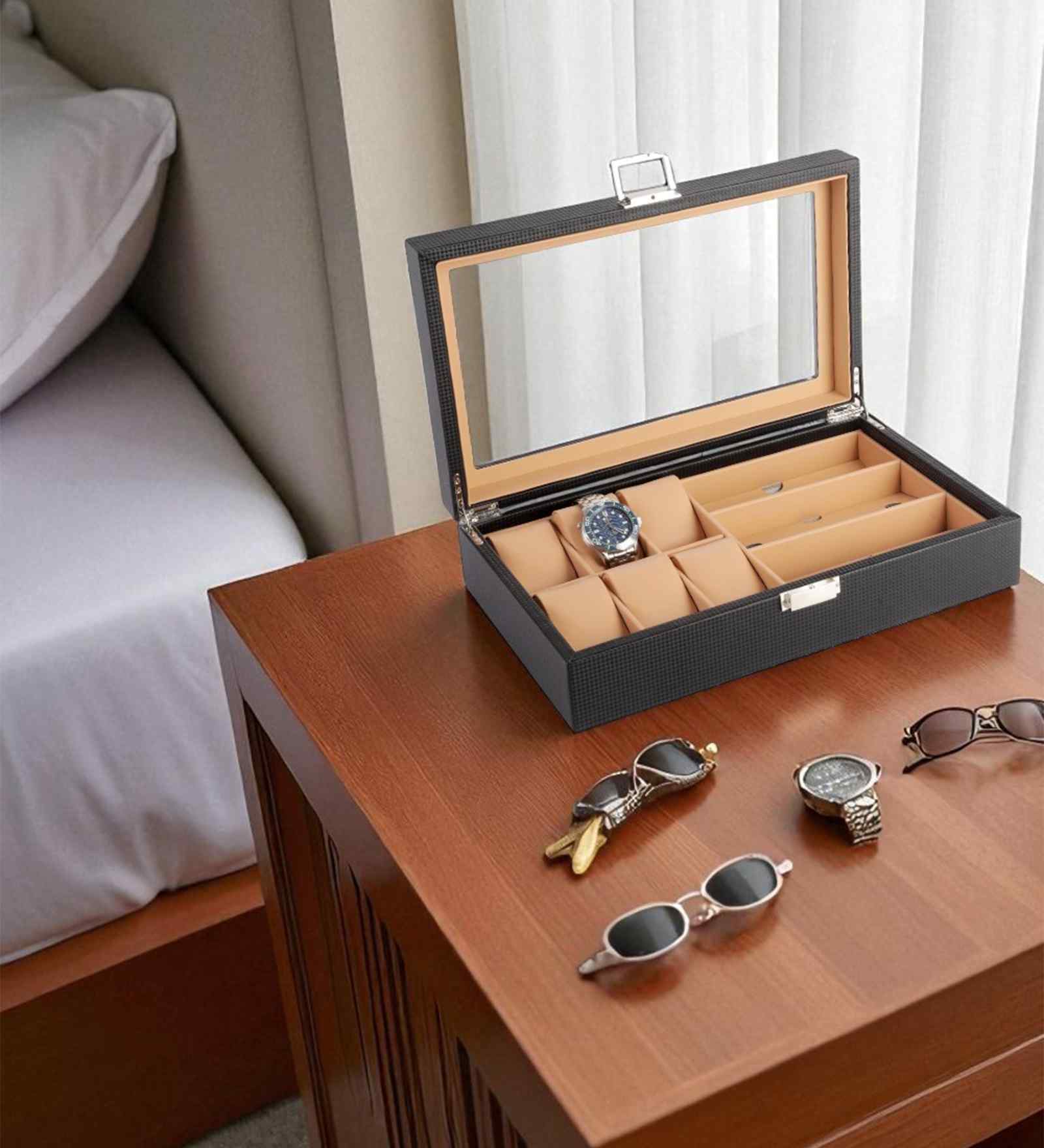 (1Pc) Black Faux Leather Watch and Sunglasses Organizer for Men Women