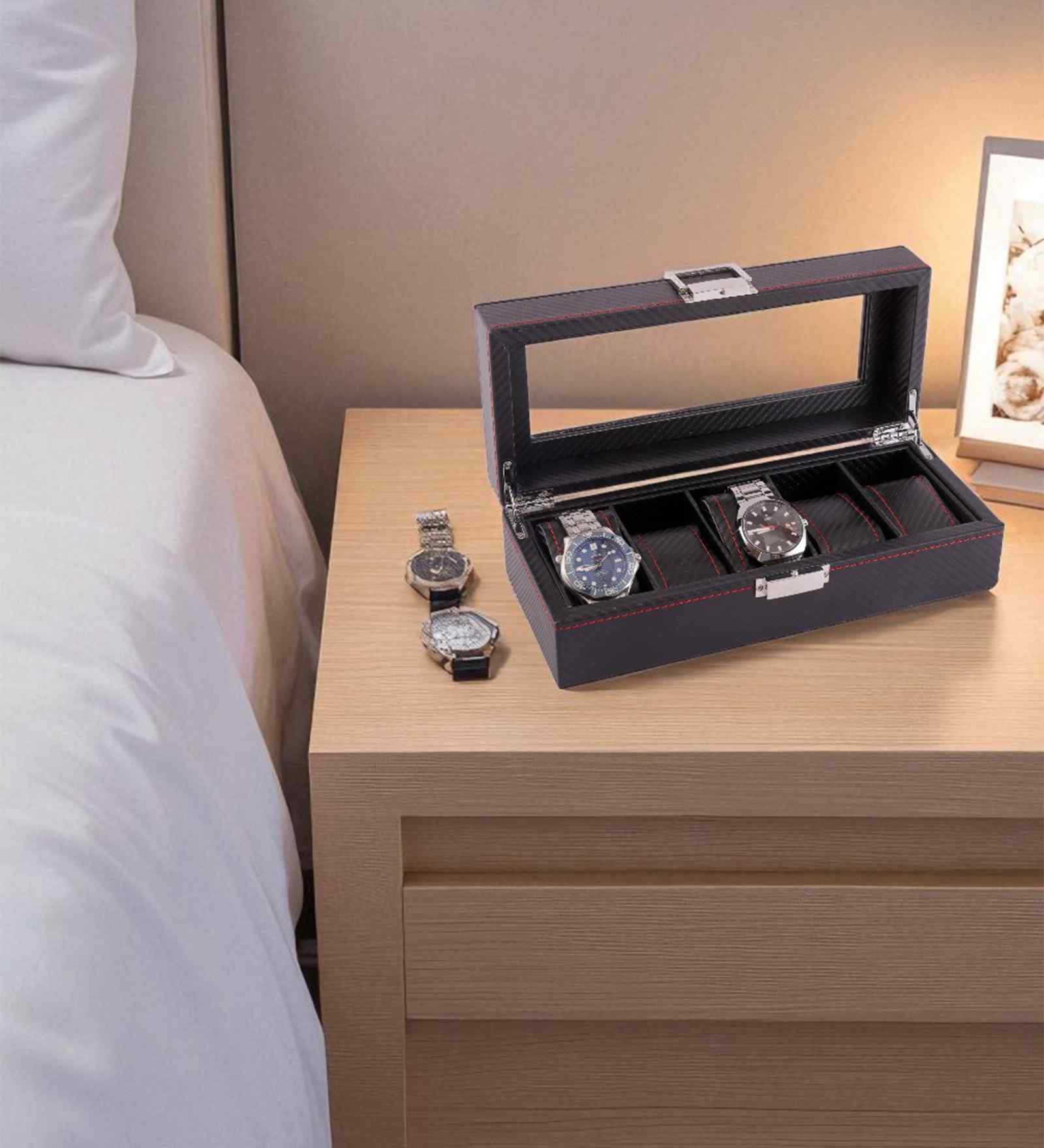 (1Pc) Black Faux Leather Watch Organizer Box Case with Glass Lid for Men Women
