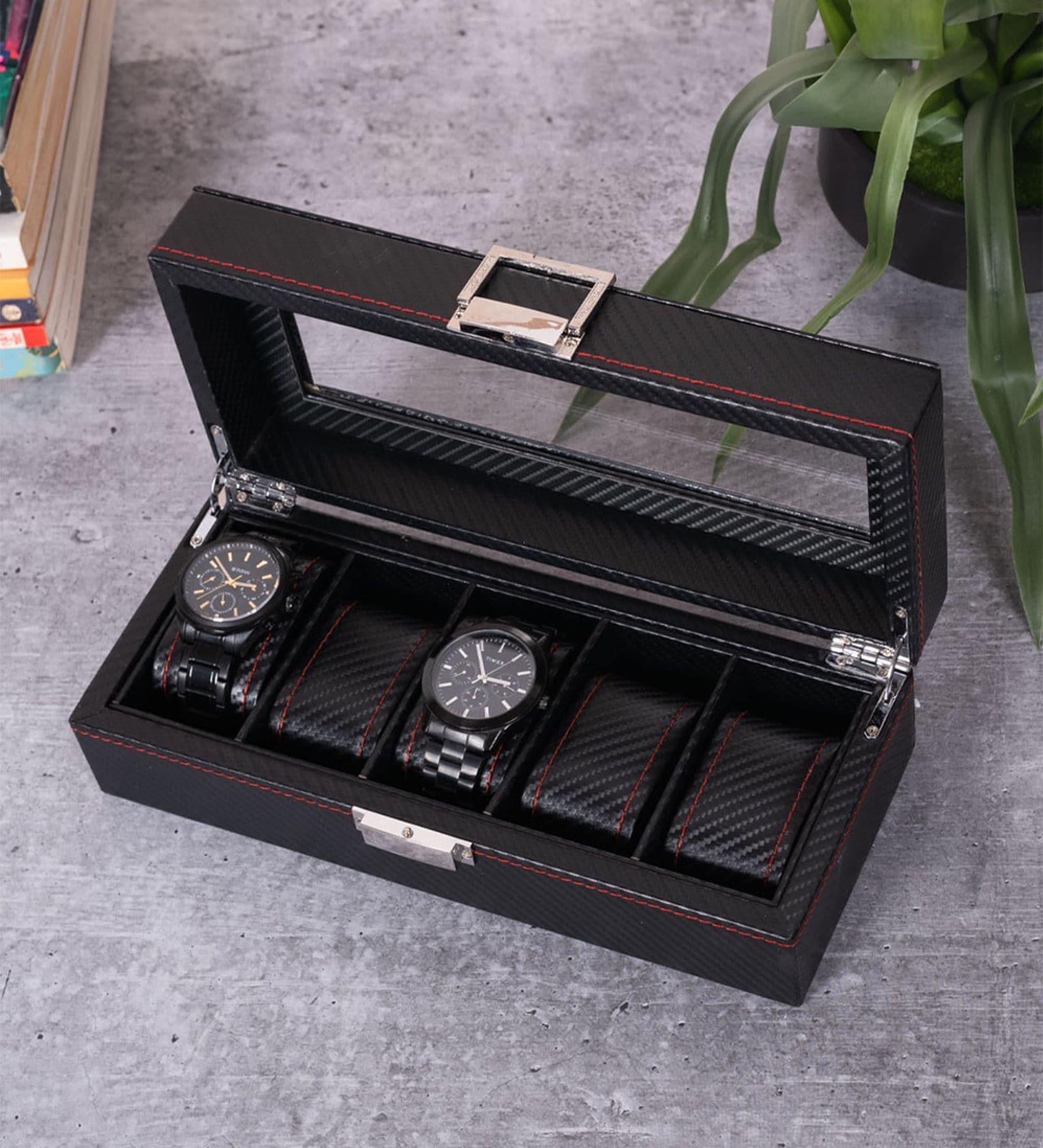 (1Pc) Black Faux Leather Watch Organizer Box Case with Glass Lid for Men Women