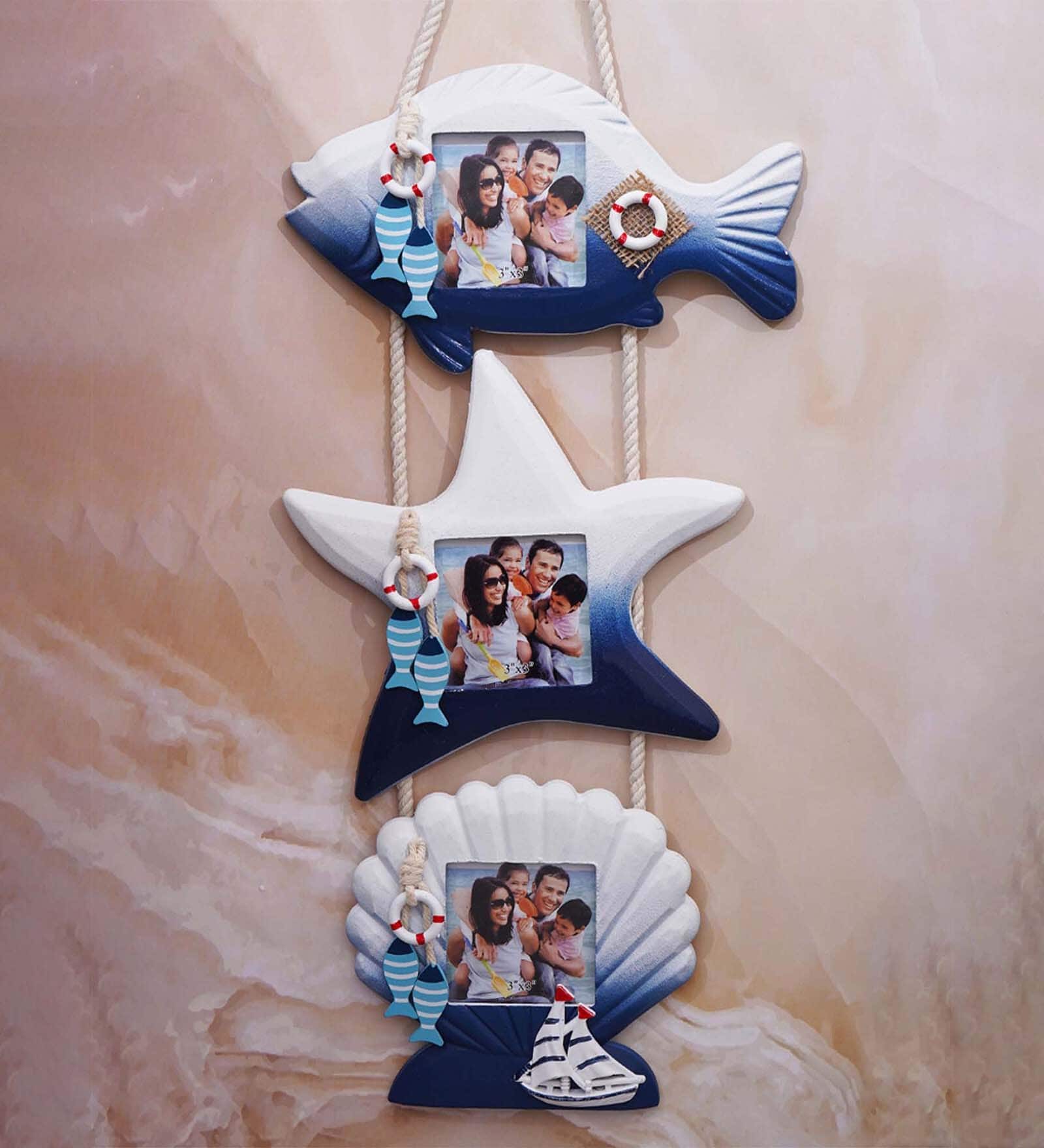 (1Pc) Blue Wooden Sea Breeze Coastal Photo Frame