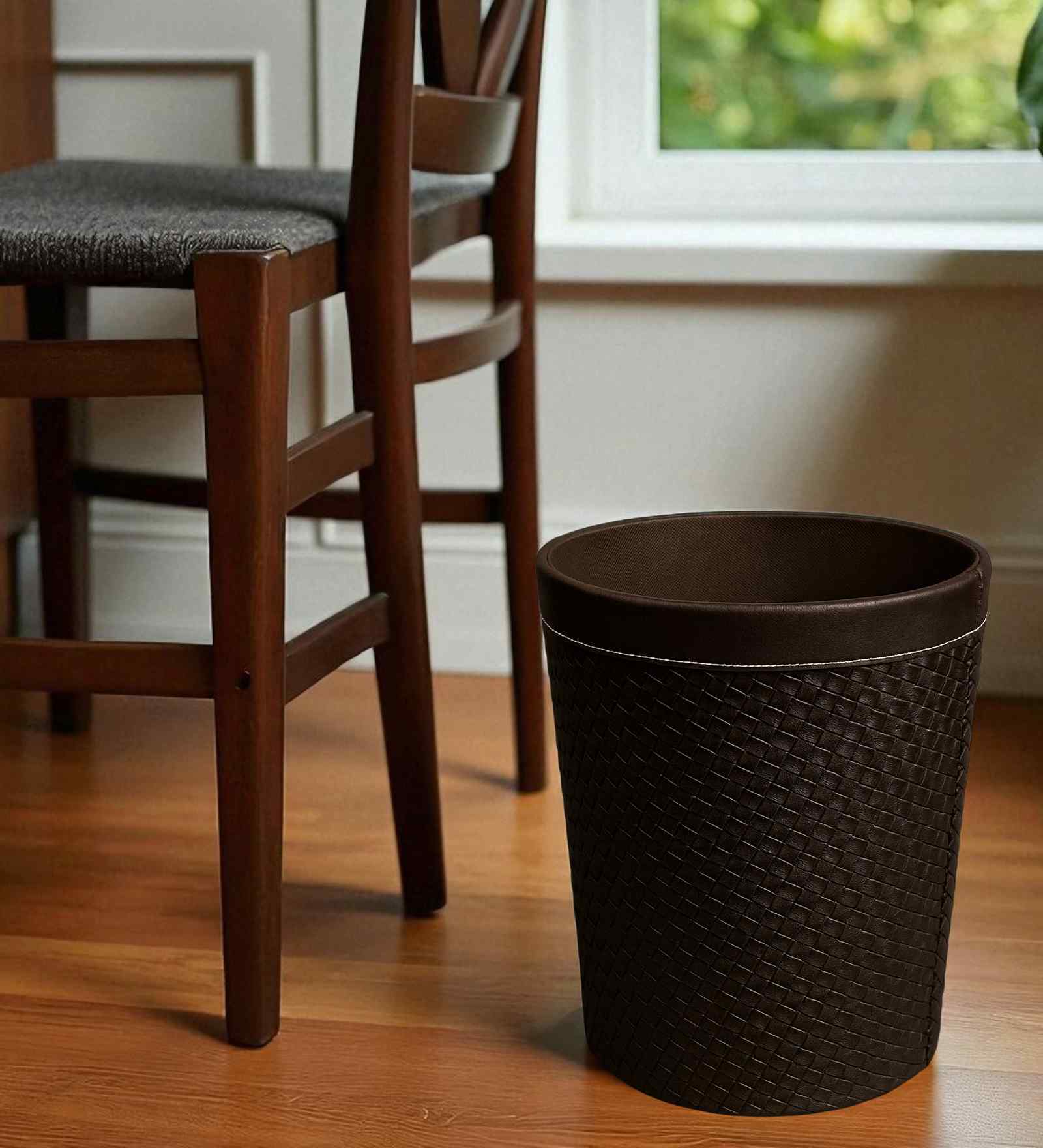 (1Pc) Brown Faux Leather Open Top Office and Home Dustbin (1Pc) Brown Faux Leather Open Top Office and Home Dustbin