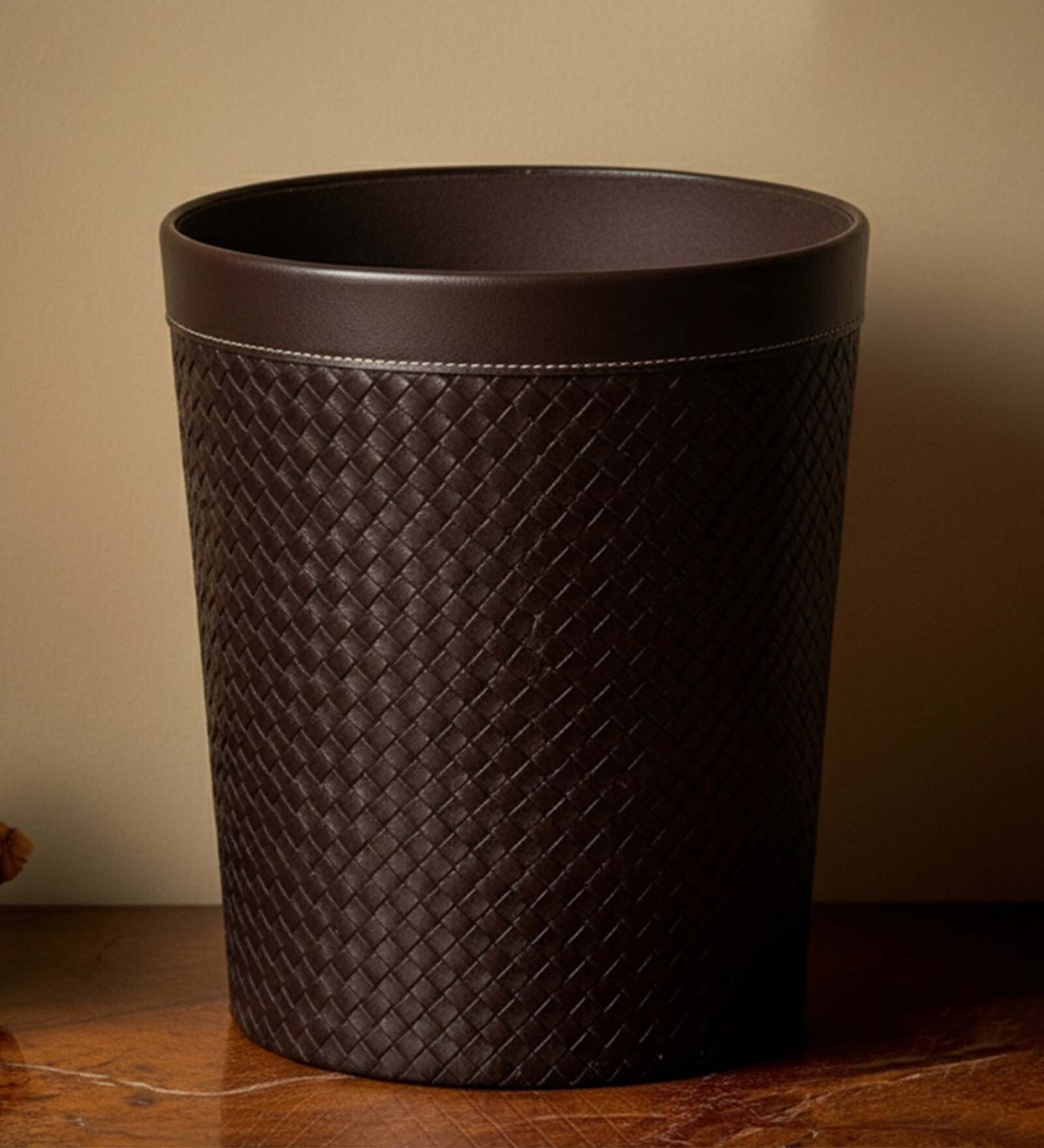 (1Pc) Brown Faux Leather Open Top Office and Home Dustbin