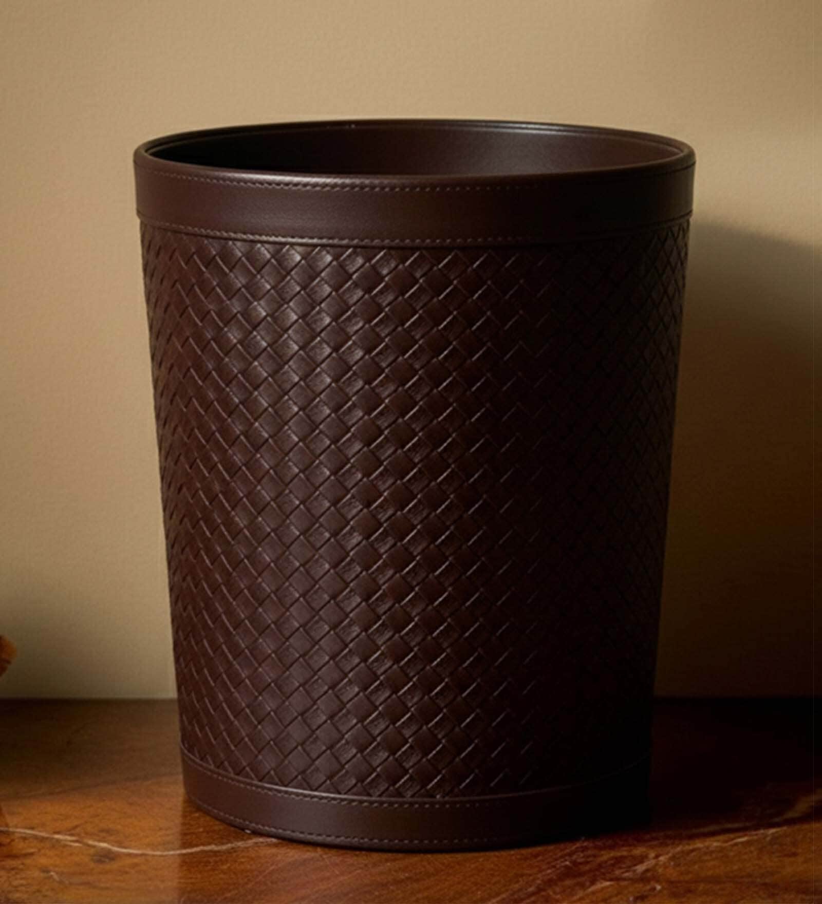(1Pc) Brown Faux Leather Open Top Office and Home Dustbin