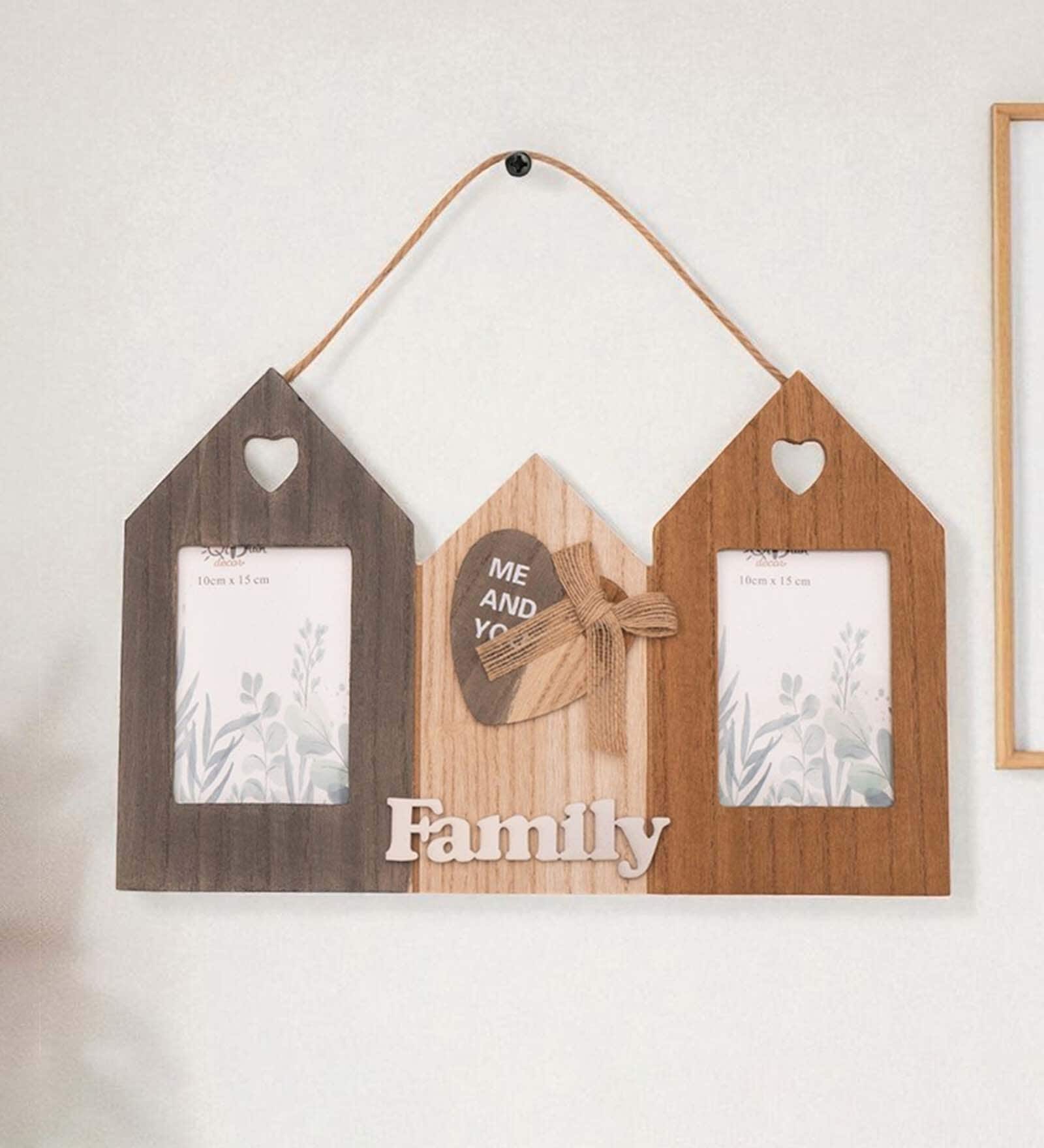 (1Pc) Brown Glass Wooden Family Wall Hanging Photo Frame