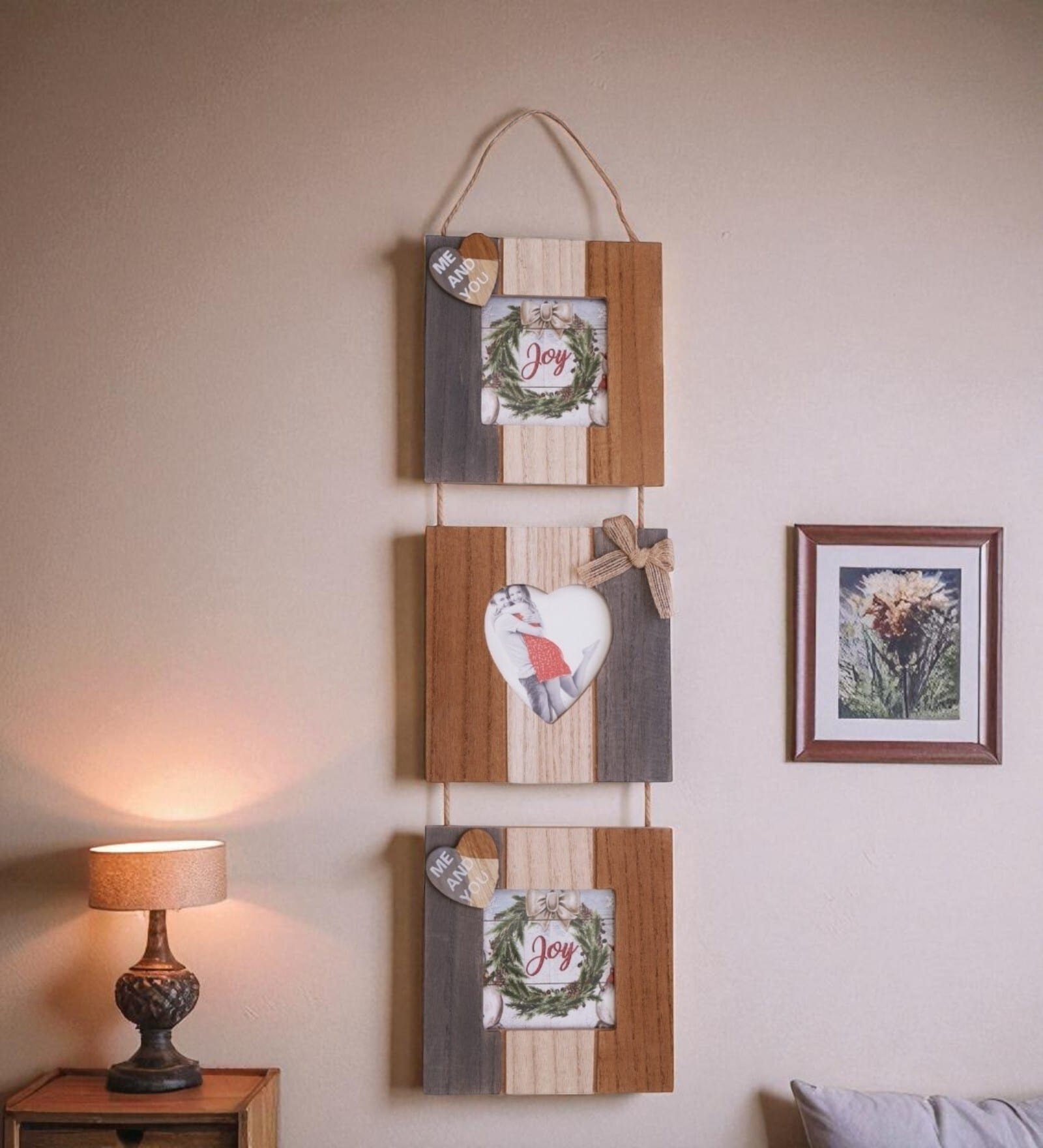 (1Pc) Brown Glass Wooden Wall Hanging Photo Frame