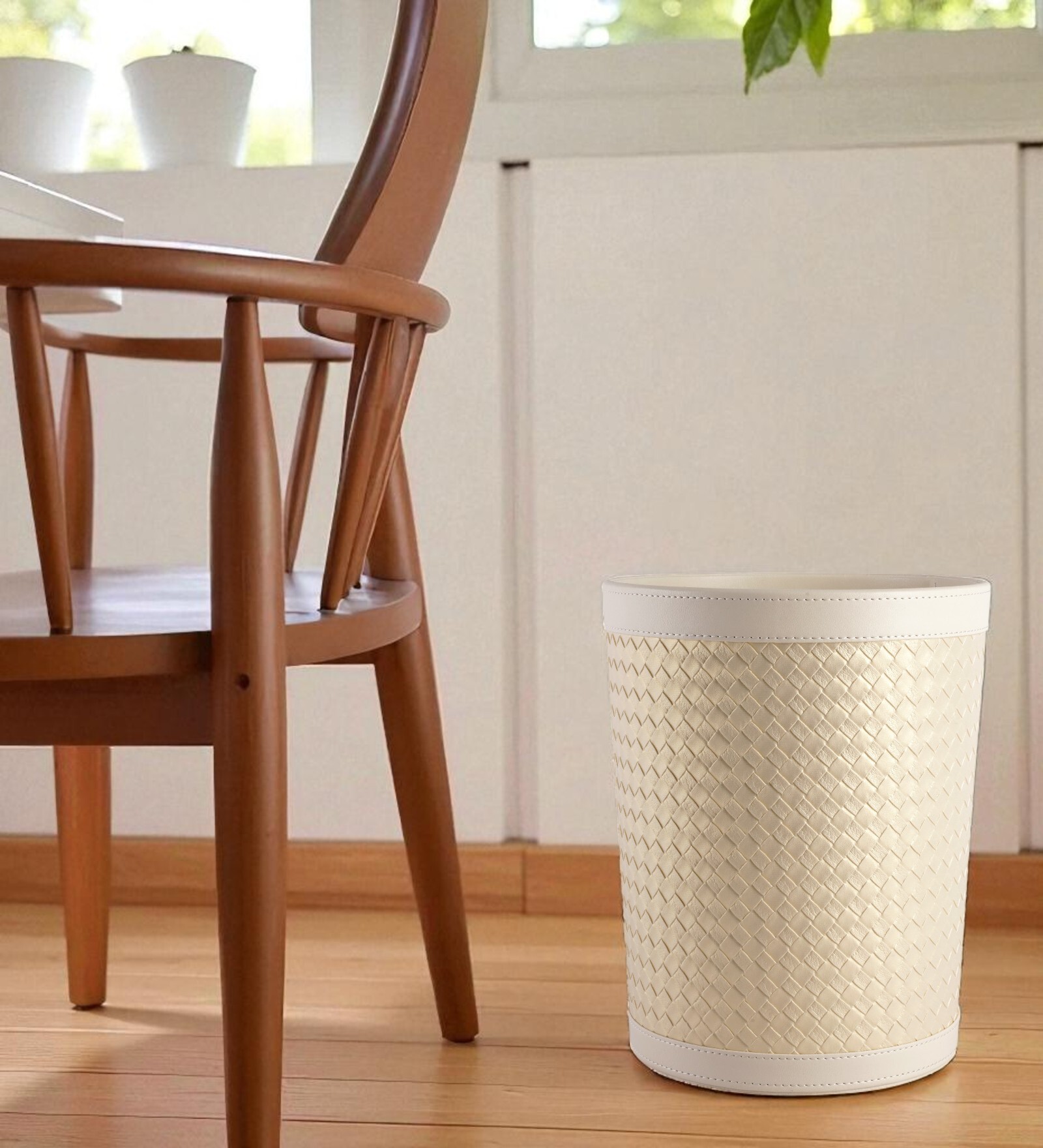 (1Pc) Cream Faux Leather Open Top Office and Home Dustbin (1Pc) Cream Faux Leather Open Top Office and Home Dustbin