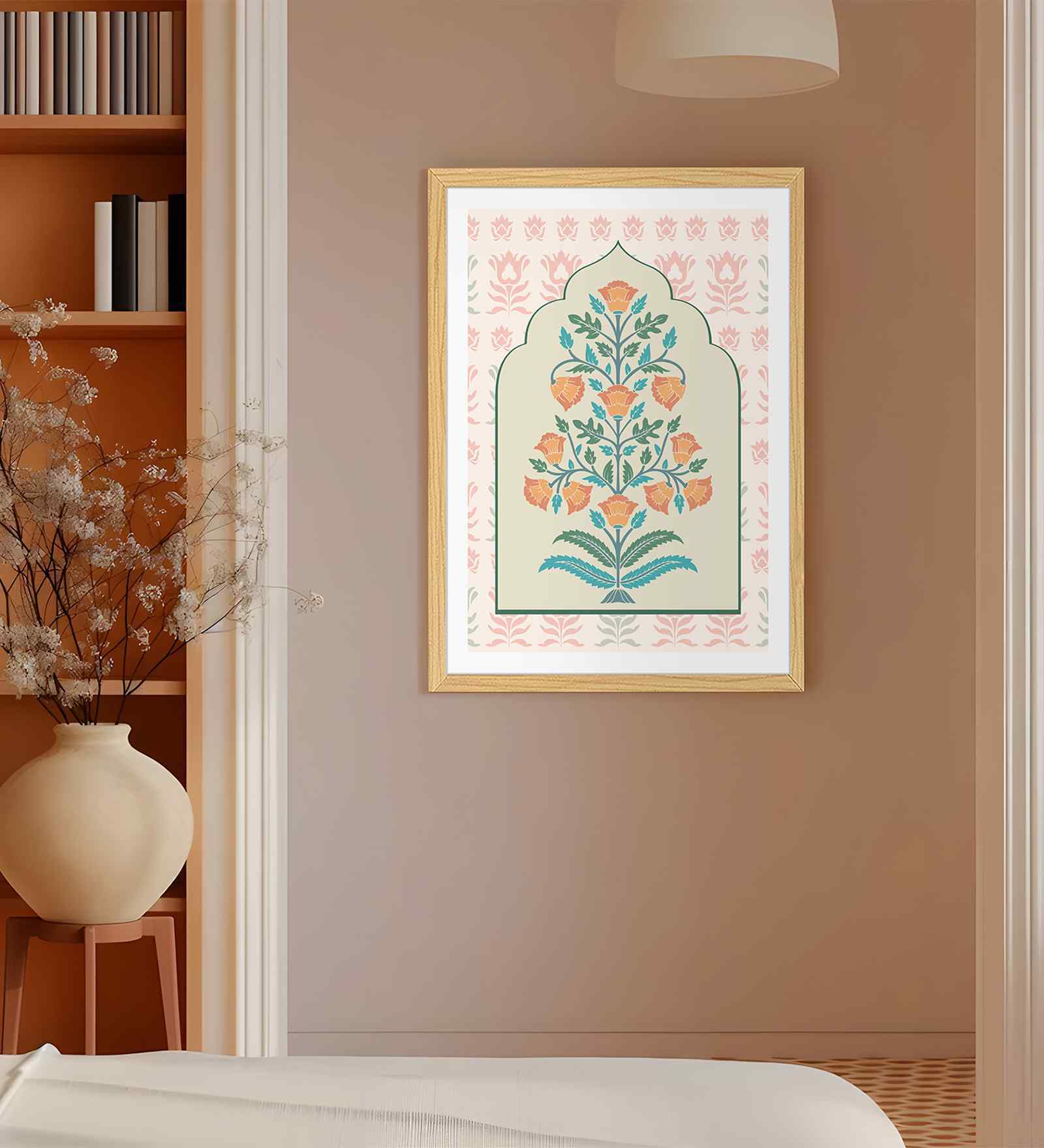 (1Pc) Cream Fibre Jaipur Floral Wall Art