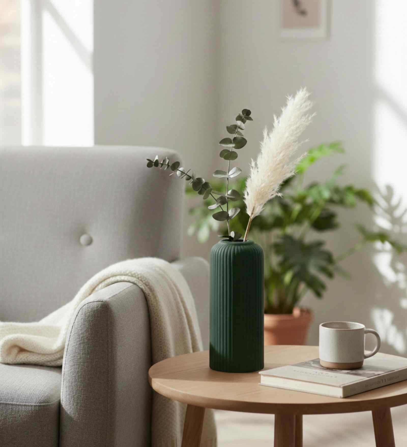 (1Pc) Dark Green  Ceramic  Ribbed Design Matt Finished 8 Inch  Table Vase