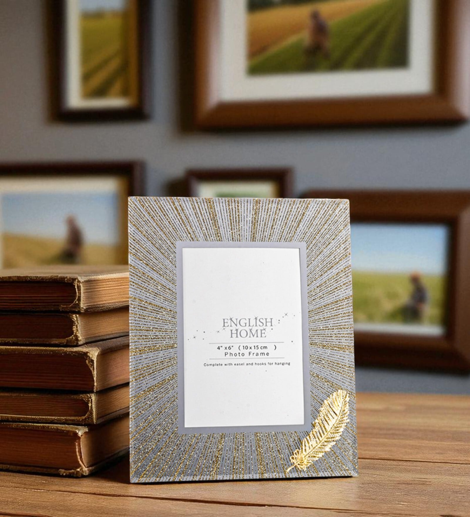 (1Pc) Gold Glass Golden Feather Photo Frame