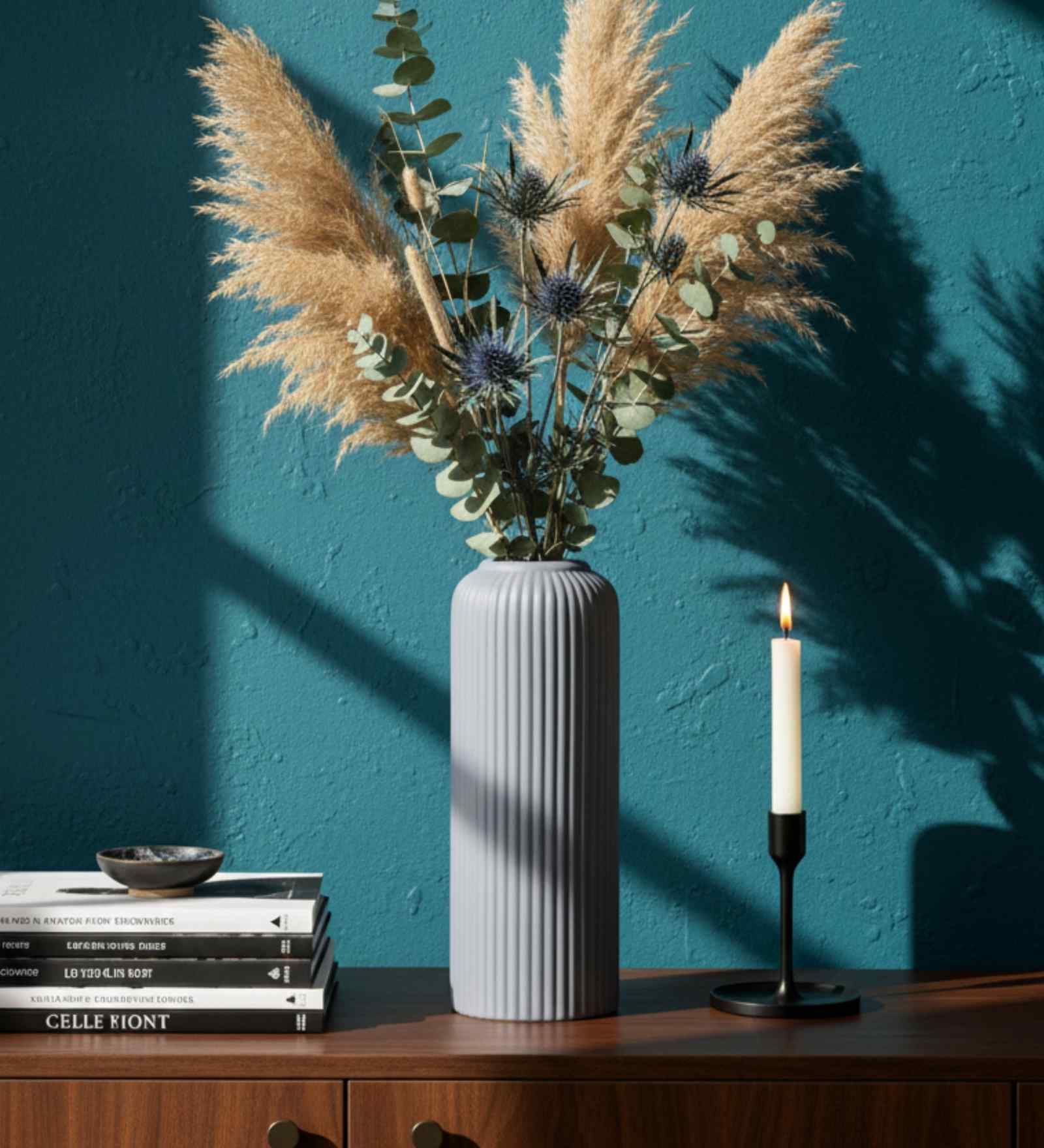 (1Pc) Grey  Ceramic  Ribbed Design Matt Finished 10 Inch  Table Vase